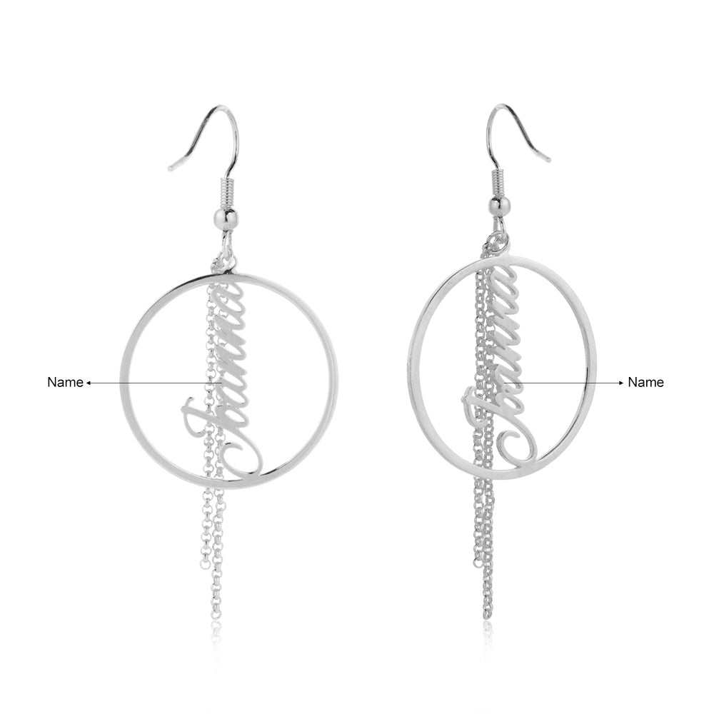 name ring, Silver hoop earrings with vertical chain, featuring personalized jewelry names.