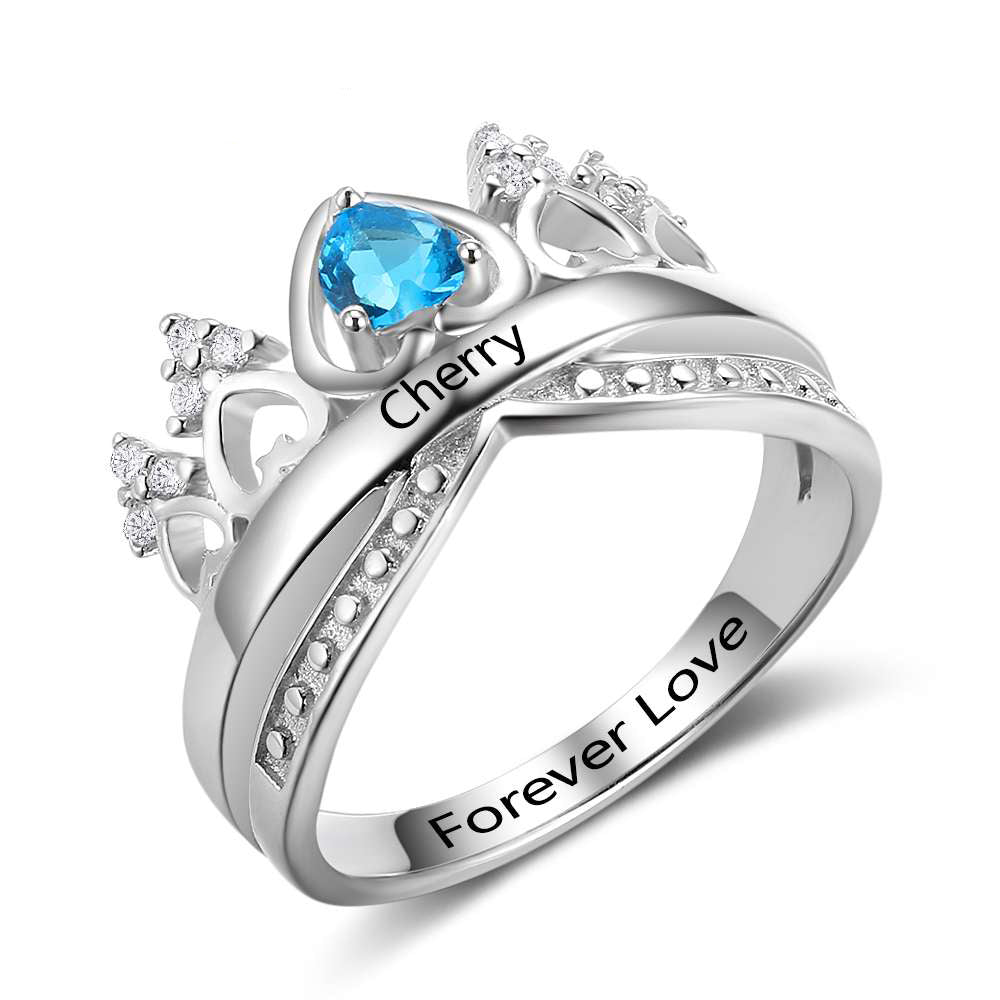 custom 925 sterling silver crown ring with heart-shaped blue gemstone and Cherry Forever Love engraving