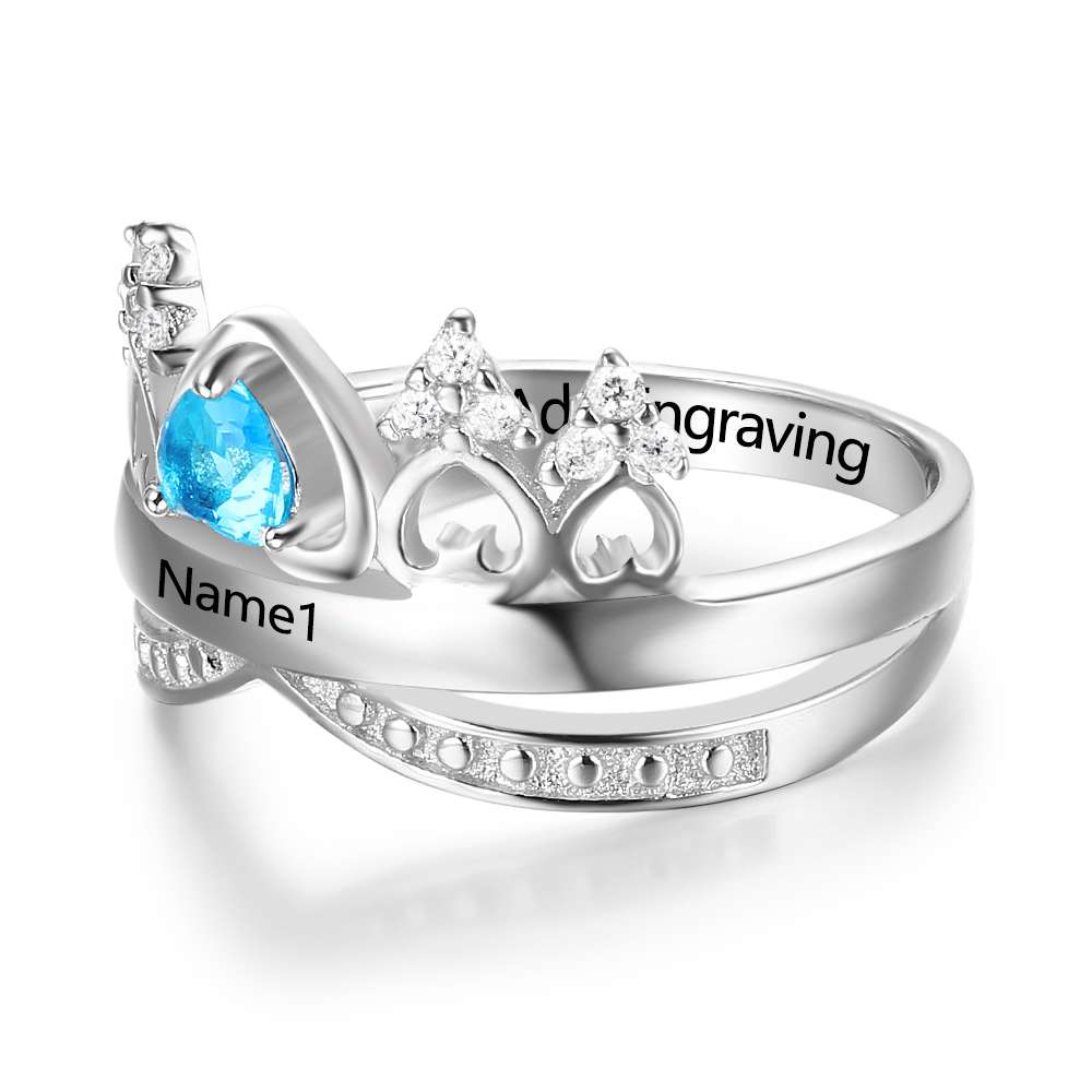 Custom 925 Sterling Silver Crown Ring with Heart-Shaped Blue Gemstone and White Gems