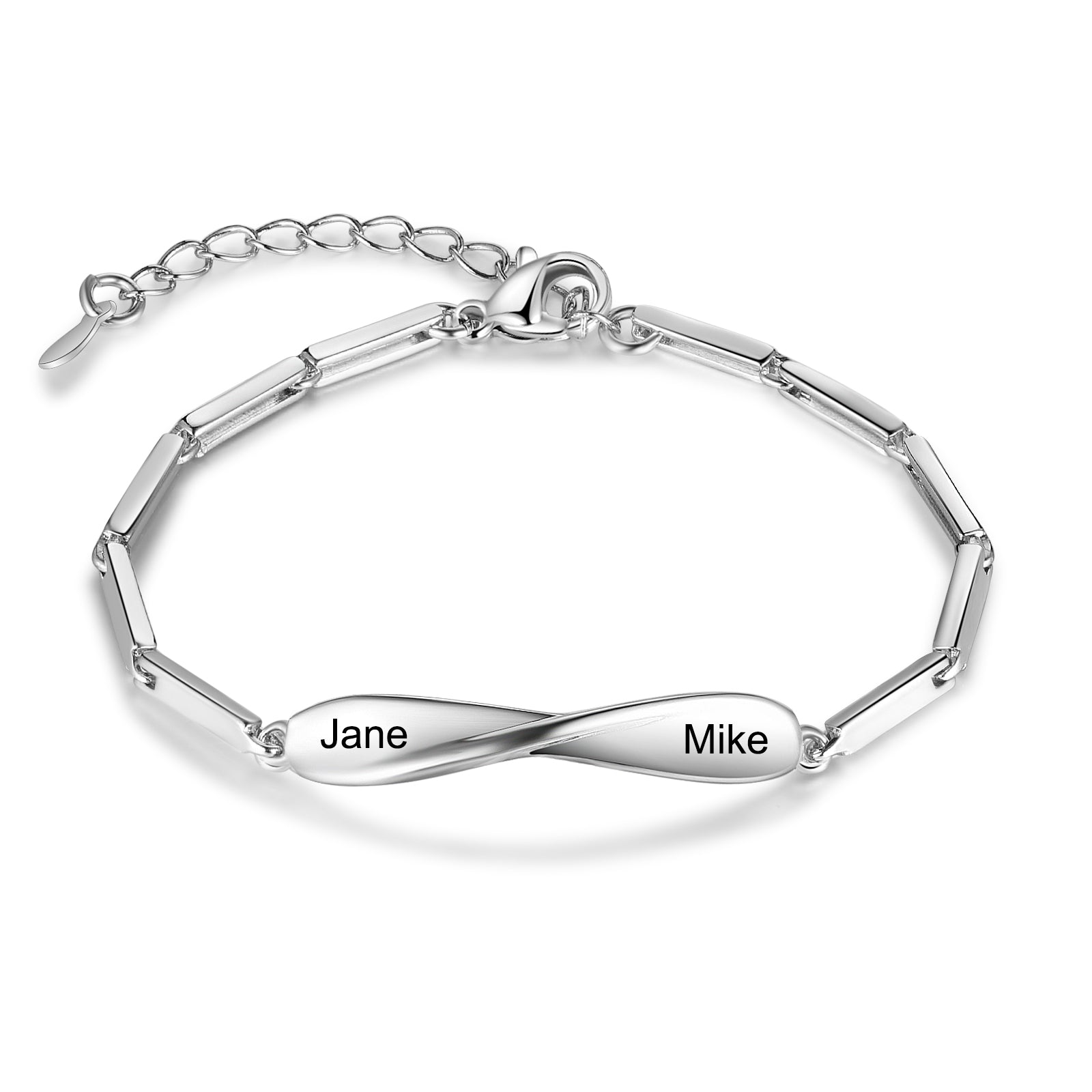Custom Copper Couple Bracelet with "Jane" and "Mike" on silver links