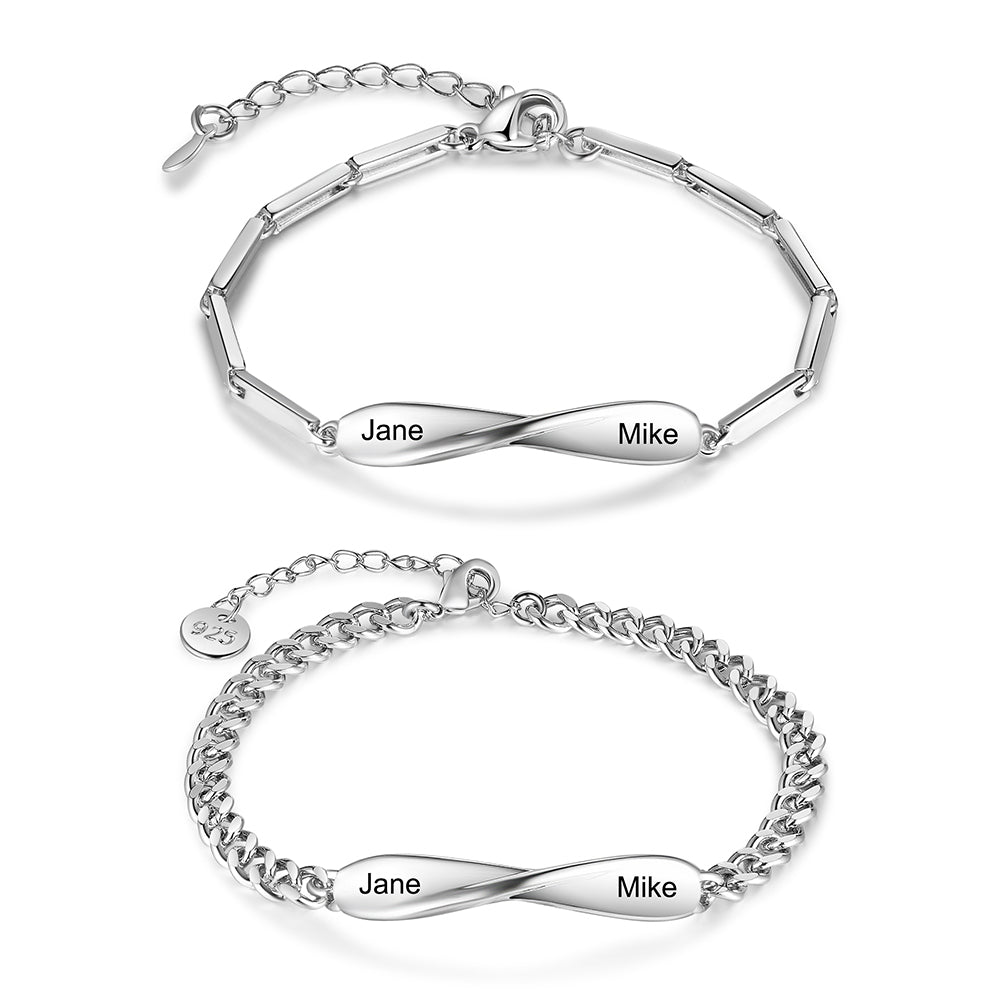 Custom Copper Couple Bracelet with engraved names Jane and Mike on silver designs.