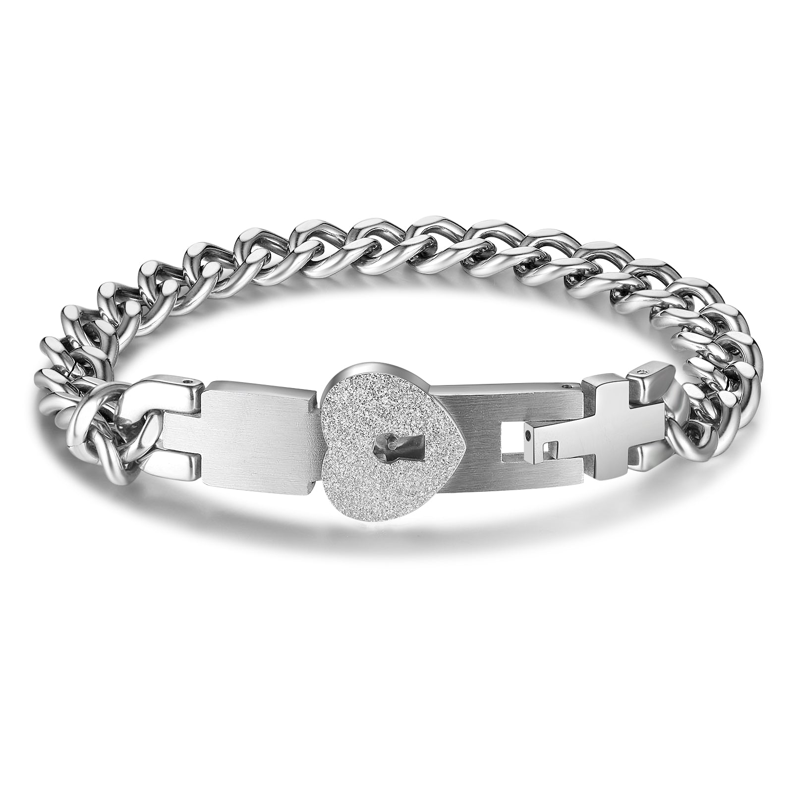 ring sound, silver couple bracelet with heart clasp against white background