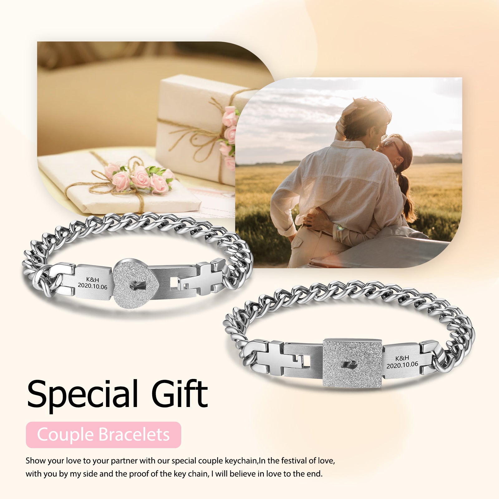 earrings gift, Silver chain-link couple bracelets with heart lock, key, and engraved date, ideal gift
