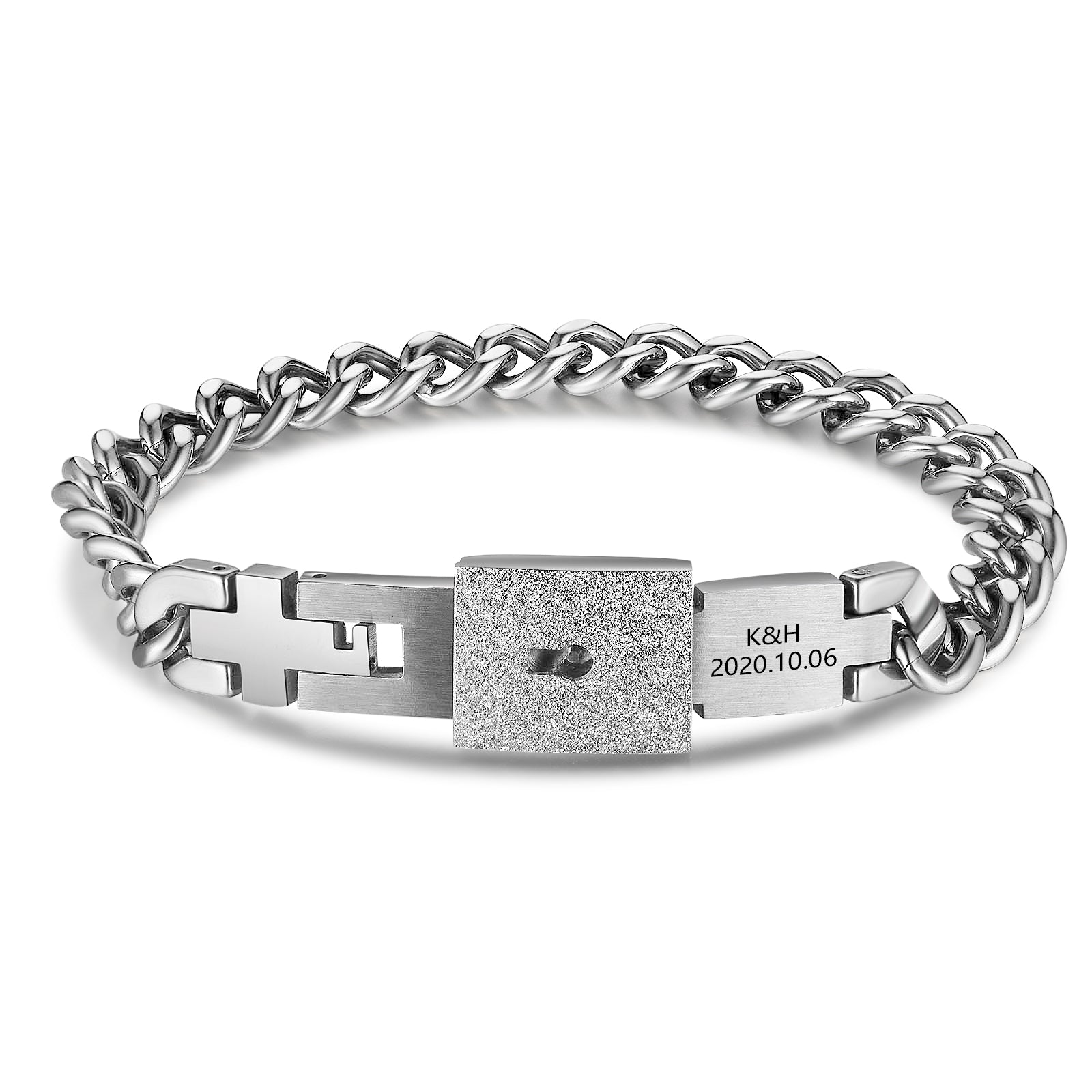 Couple Bracelet with photo ring style, silver chain link and engraved lock design.
