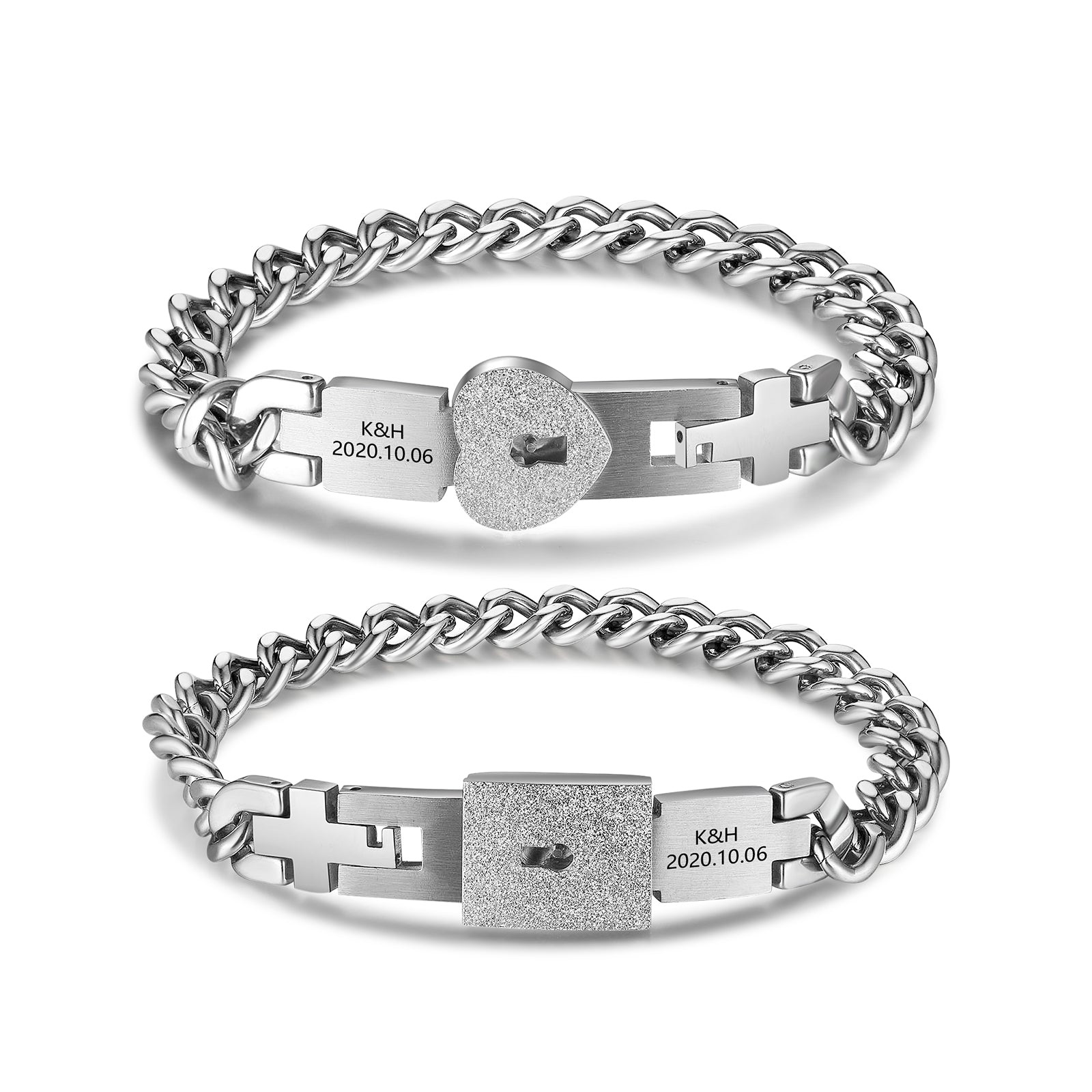 birthday stone, Couple bracelet set with heart-shaped and square locks, engraved with date and initials.