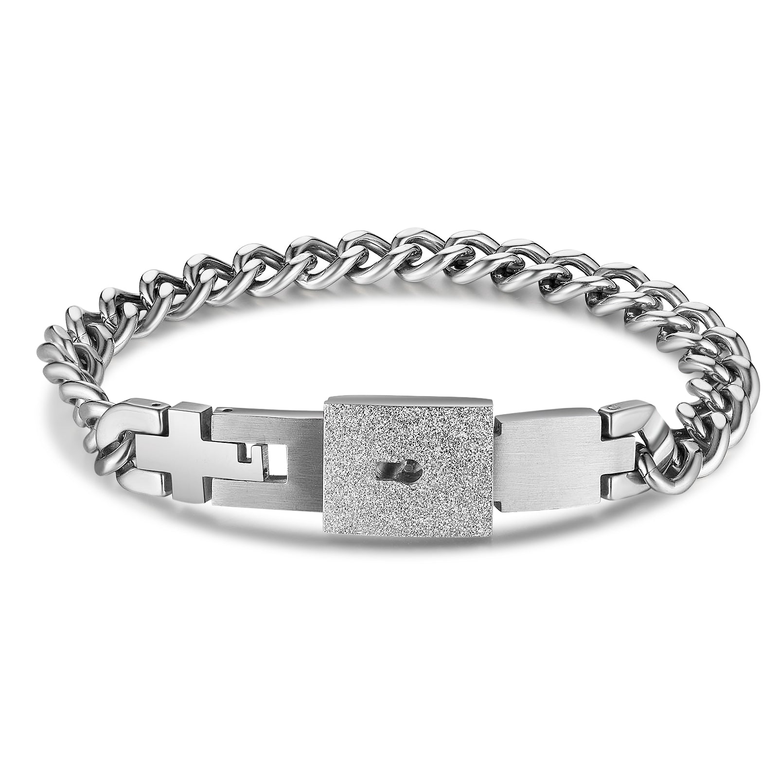 anniversary keychain, Silver couple bracelet featuring elegant cross clasp on white background