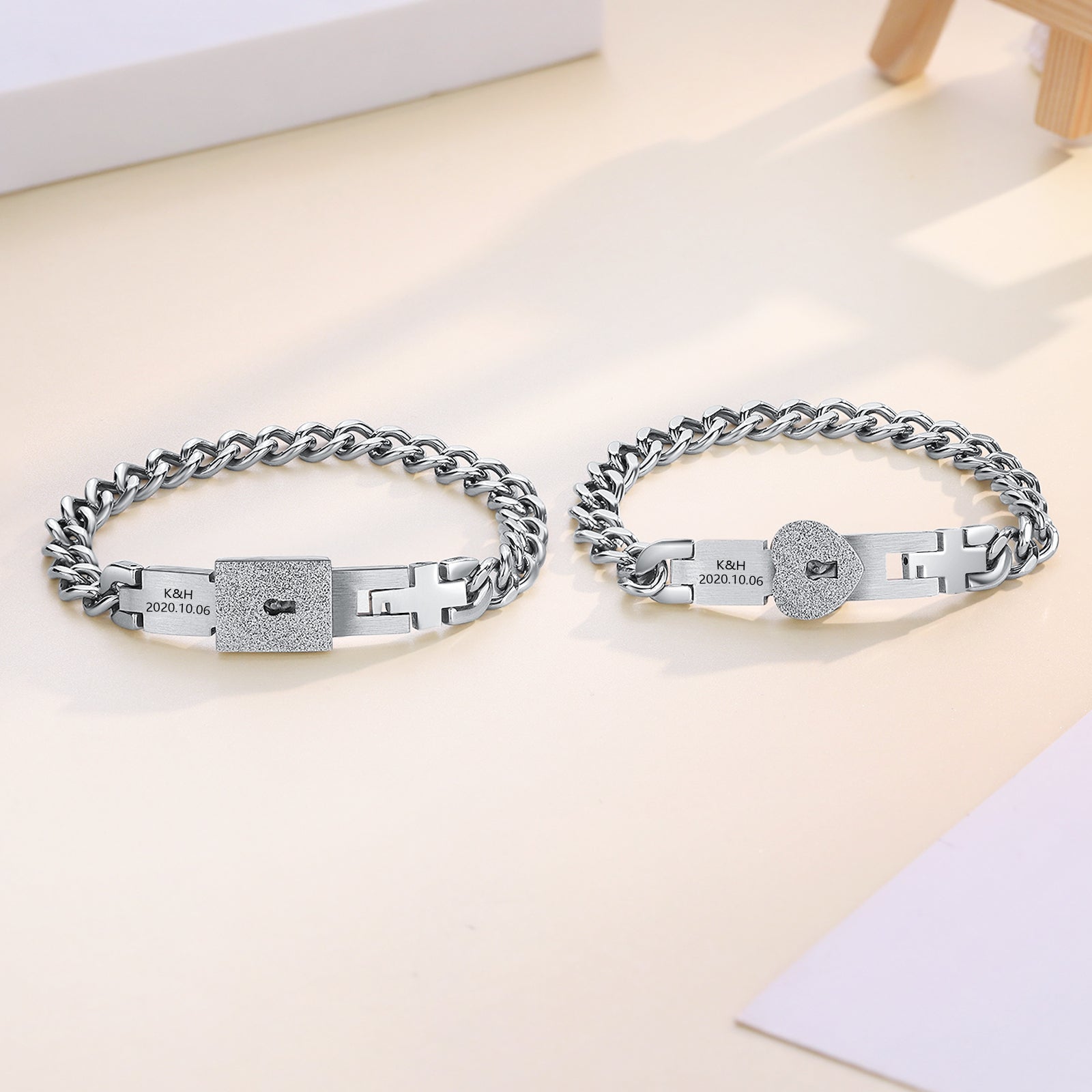 birthday necklace, Silver couple bracelet pair featuring lock, key design; engraved with "K&H 2020.10.06".