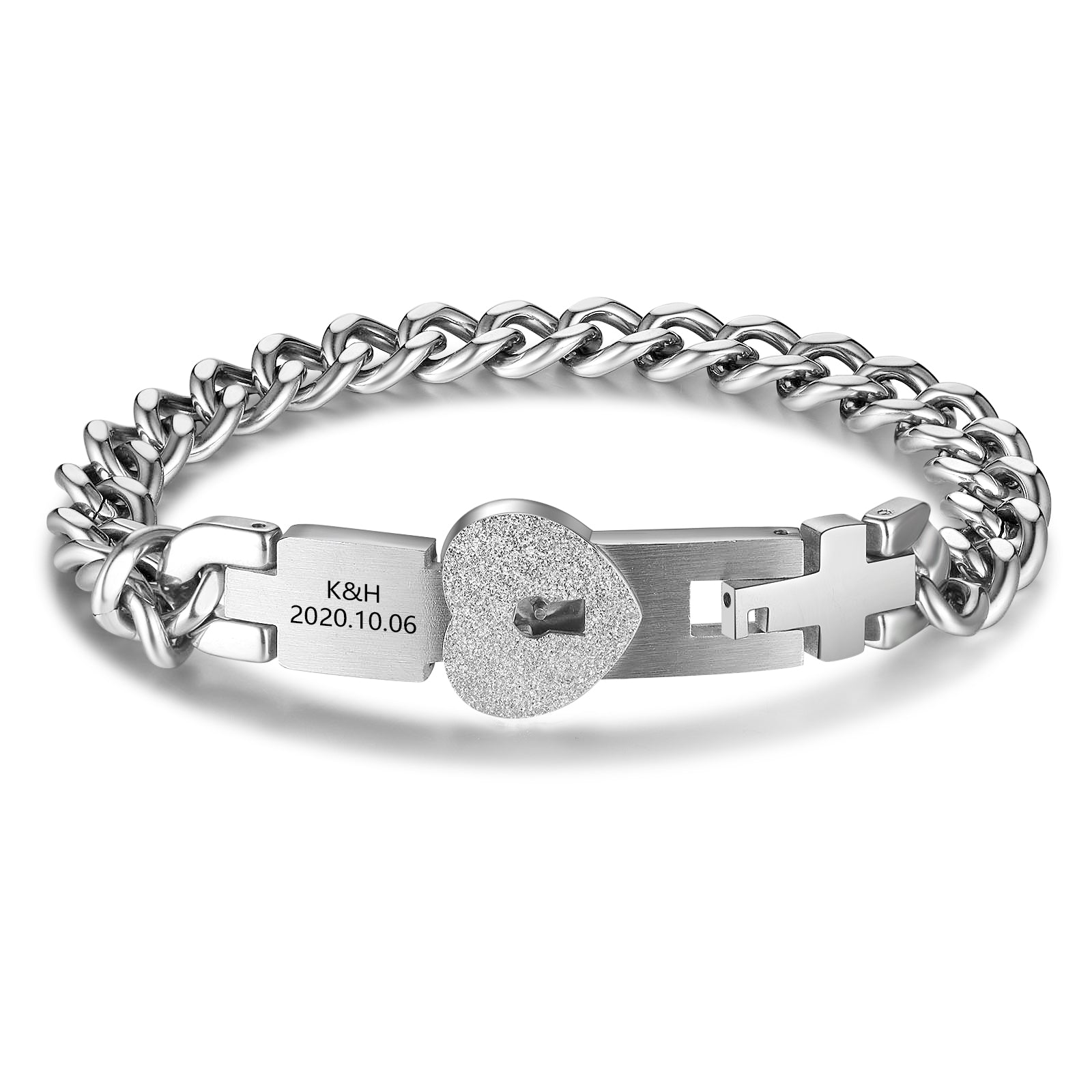 earring style, silver couple bracelet with heart-shaped lock and chain link design