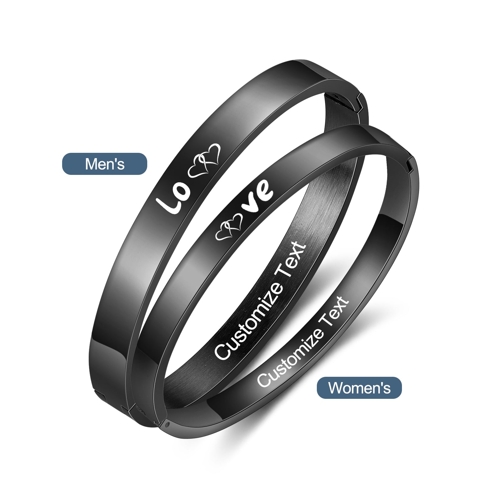 Couple bracelet with name bracelet design, personalized black bangles on white background.