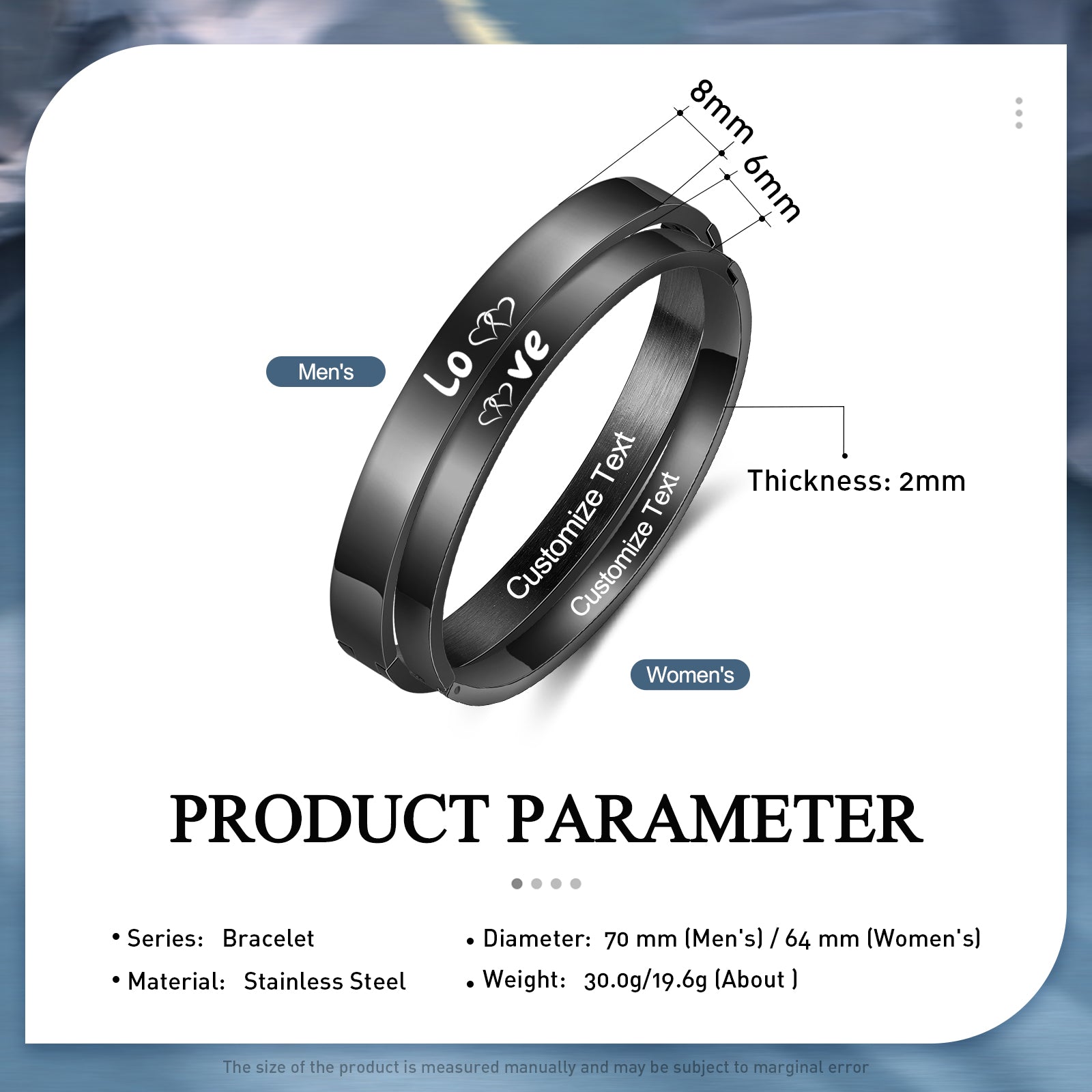necklace with photo inside, black stainless steel couple bracelet engraved with "Love is" for men and women