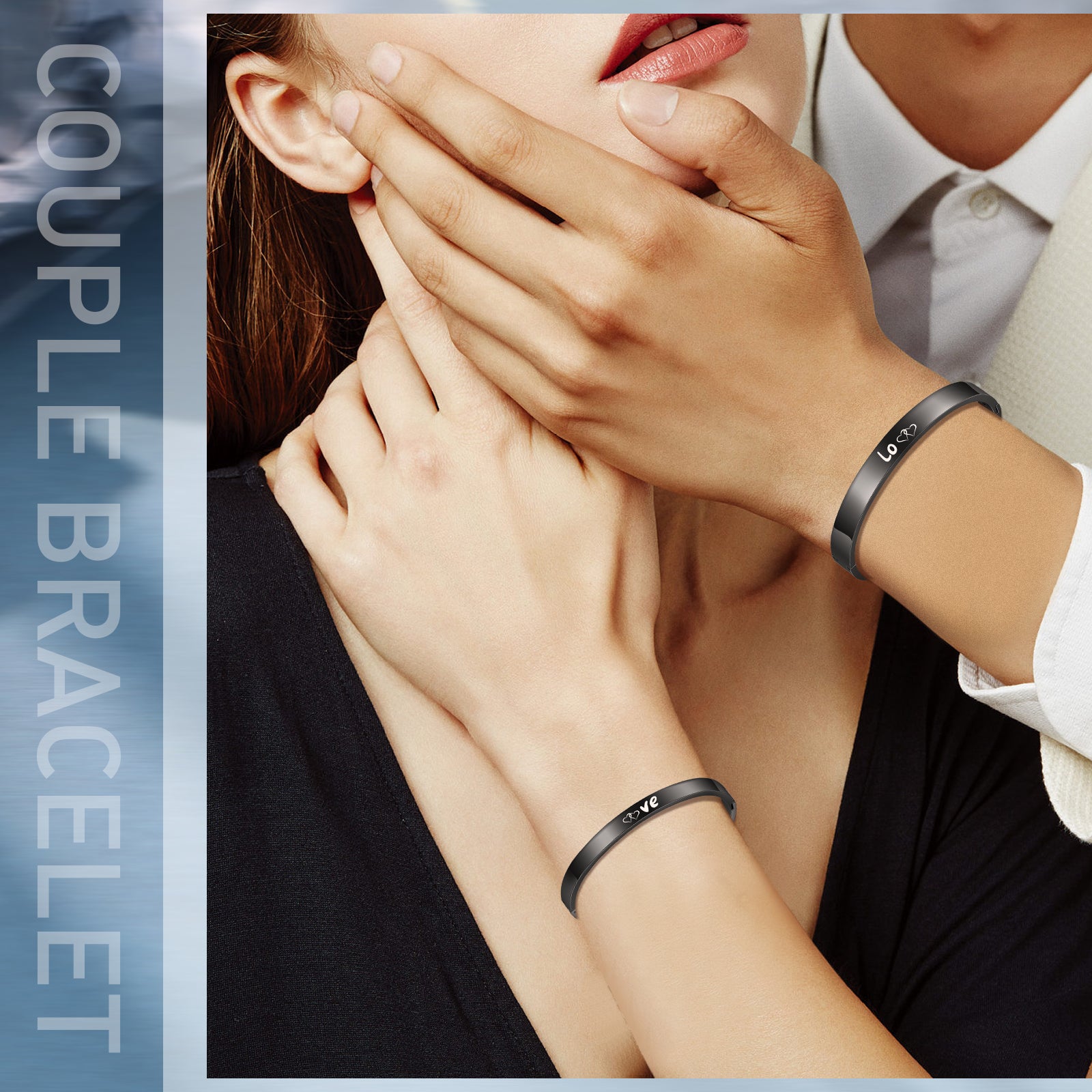 earring jewelry, Couple Bracelet jewelry, intimate close-up, romantic focus on love-themed black bracelets