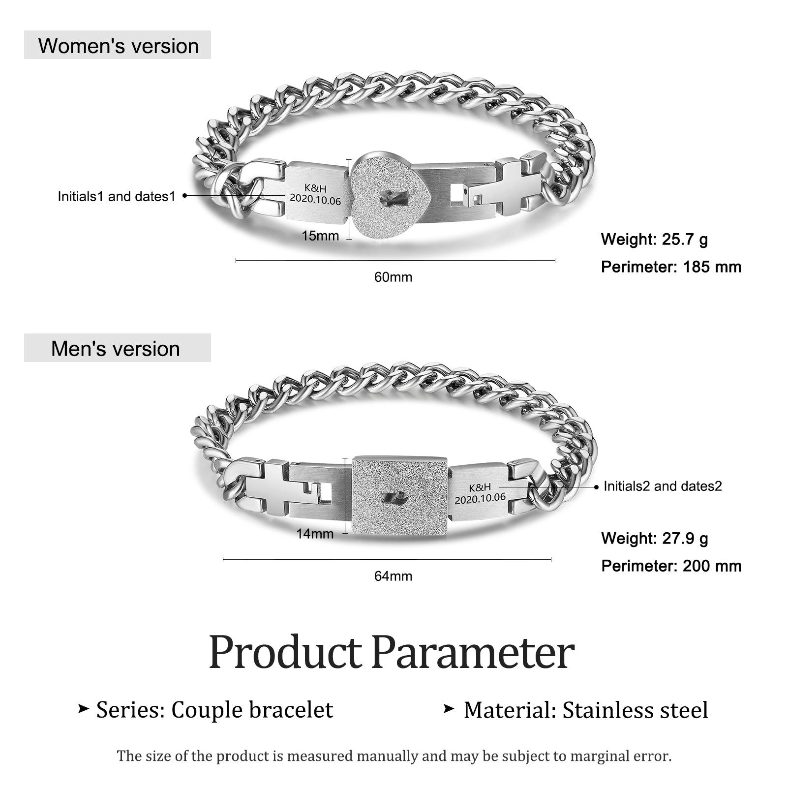 name ring, Silver couple bracelets with heart and square locks, K&H 2020.10.06 design