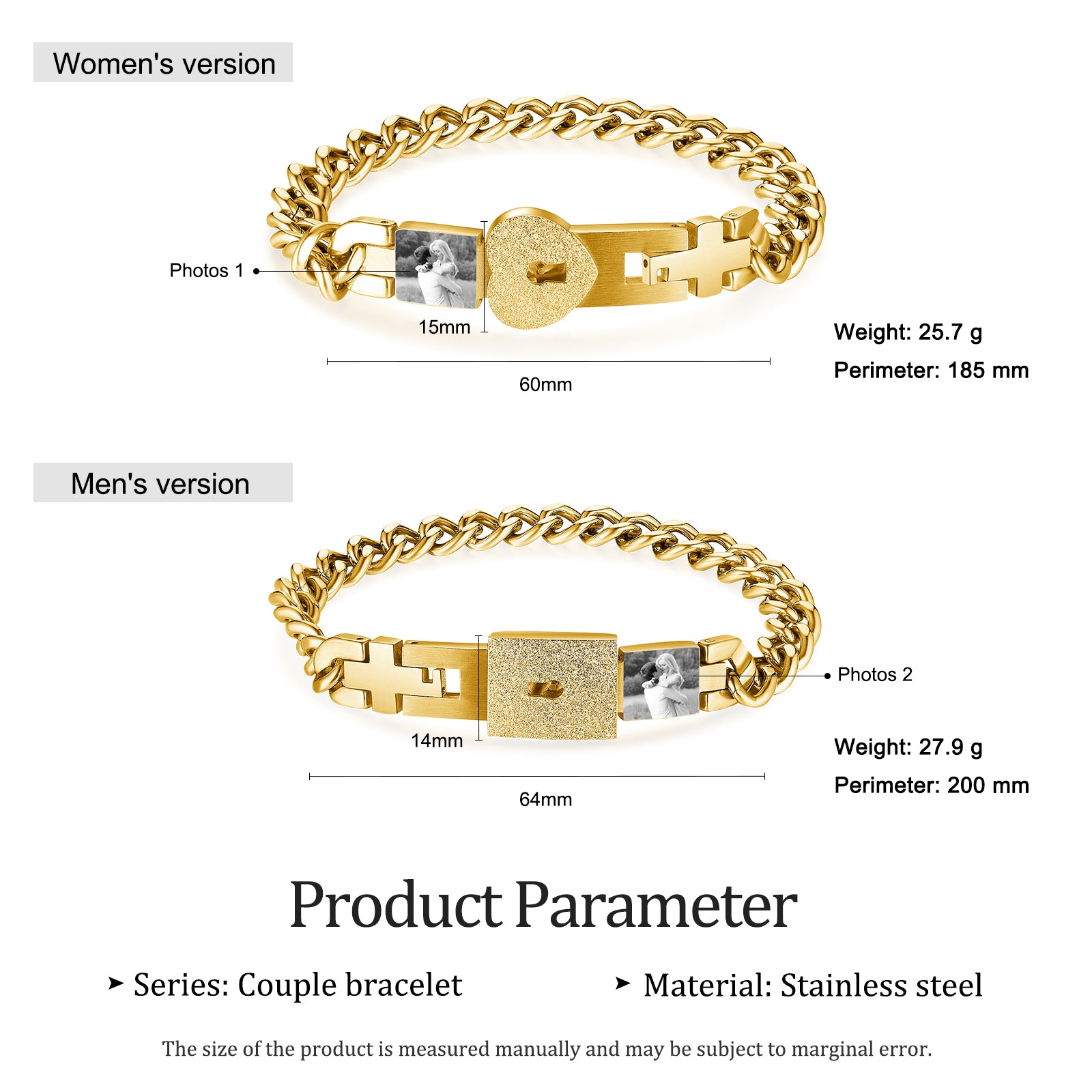 birthday necklace, Couple Bracelet comparison: men’s larger, women’s smaller, gold-tone, heart locket