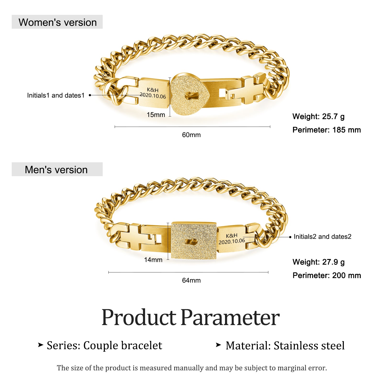 name keychain, Gold stainless steel couple bracelets with engraved heart-shaped locks and keychain