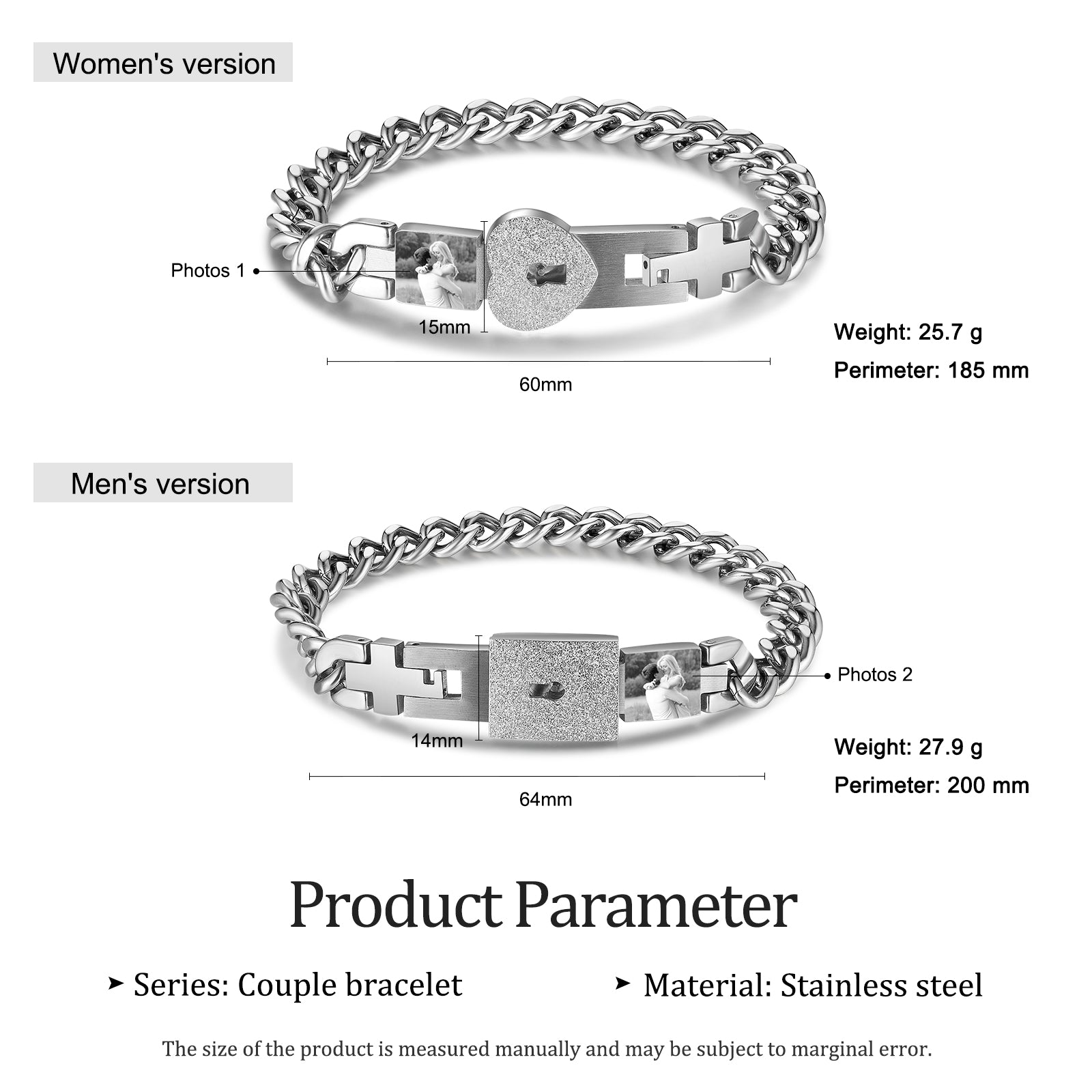 Couple bracelets comparison: heart photo necklace, stainless steel lockets, product details.