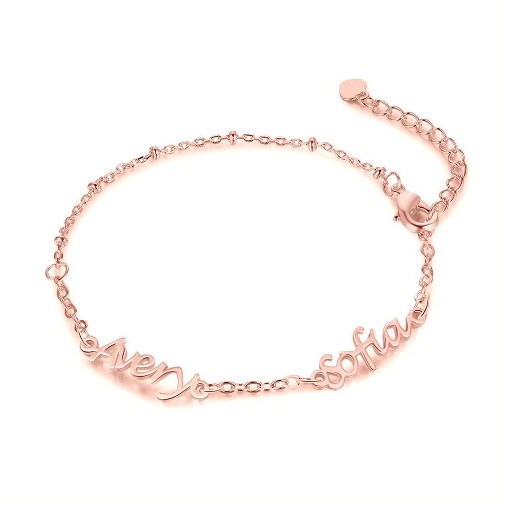 photo necklace, personalized jewelry: rose gold bracelet engraved with names Avery and Sophia