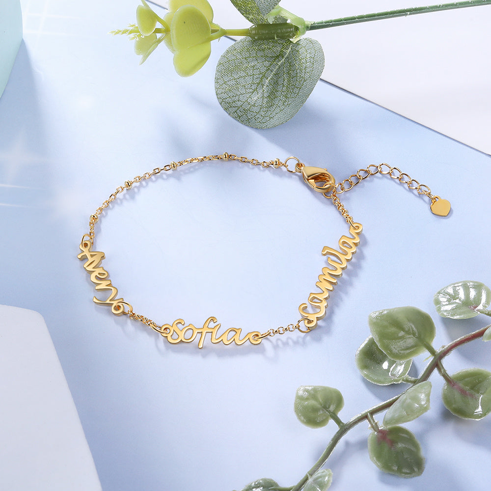 birthdate necklace, Delicate personalized bracelet with names Avery, Sophia, Camila on light blue background.
