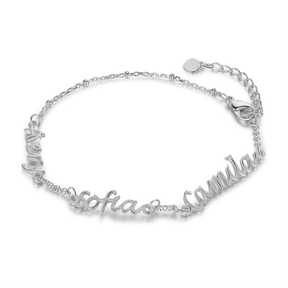 picture necklace, Delicate silver personalized bracelet with Sofia, Camila, heart charm in cursive.