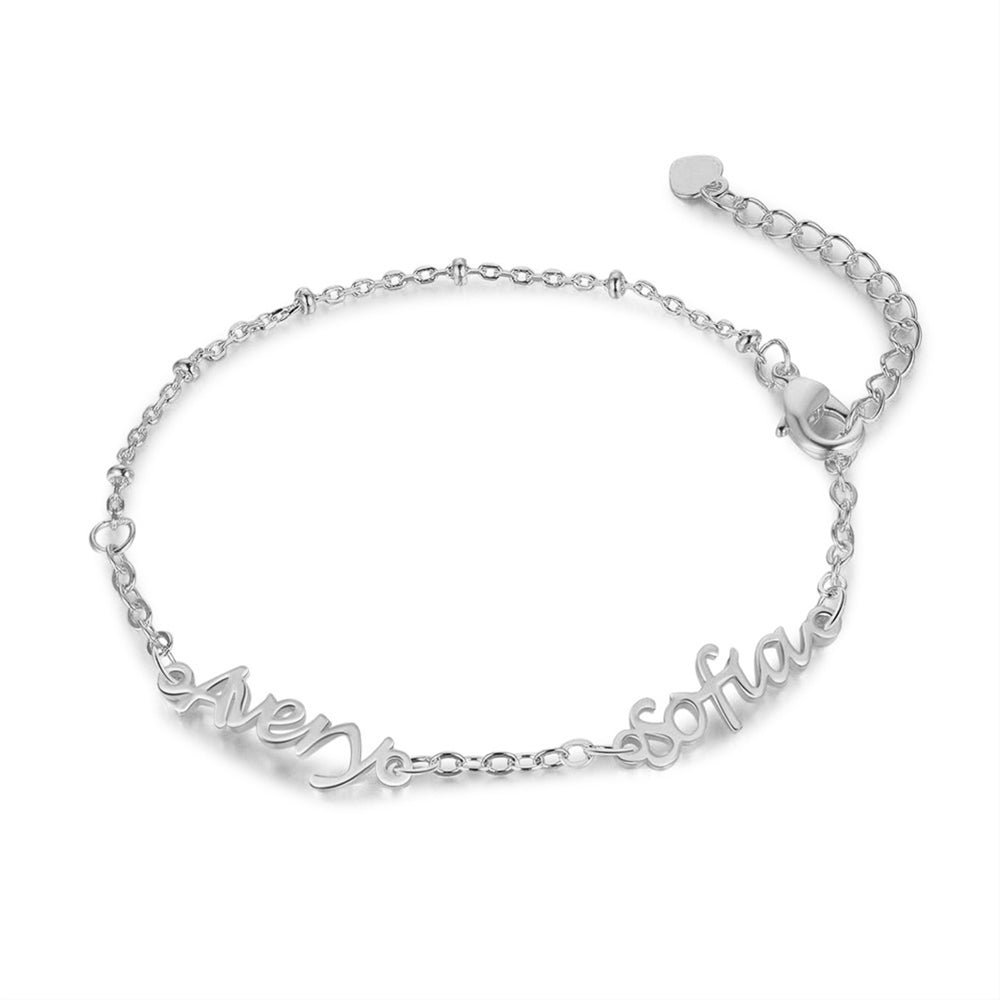 name earrings, Delicate silver personalized bracelet with names Avery and Sophia on charms