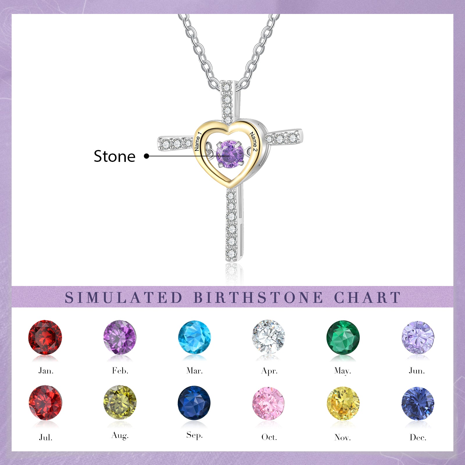 earring style, Silver cross necklace with heart pendant, purple stone, birthstone chart background