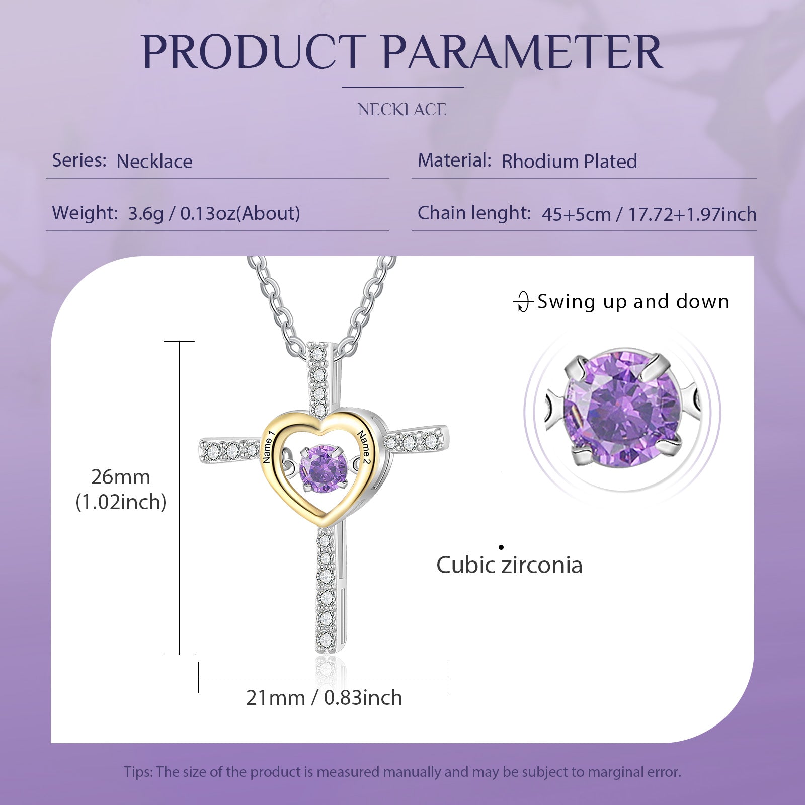 picture necklace, Heart necklace with cross, large purple cubic zirconia, rhodium-plated, 45+5cm chain