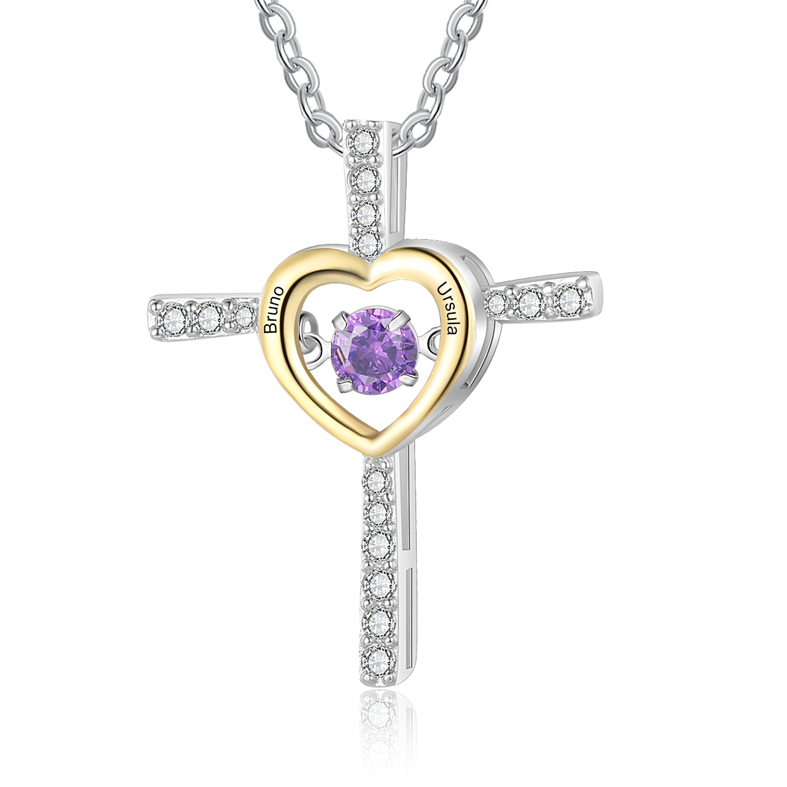 picture necklace, silver cross heart necklace with amethyst gem and clear gemstones