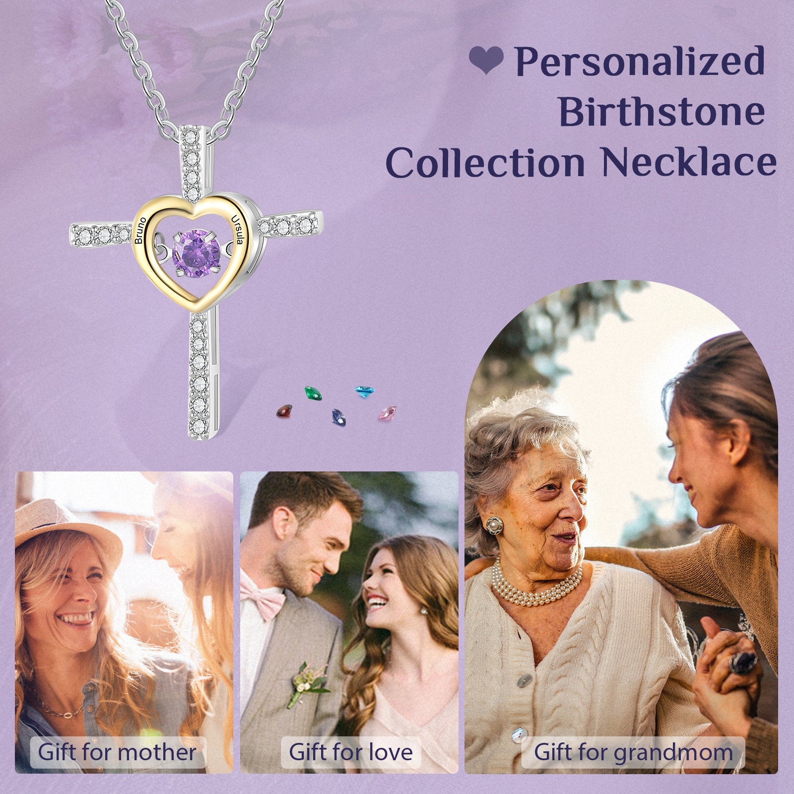 Heart photo necklace with silver cross pendant, purple birthstone, gift options