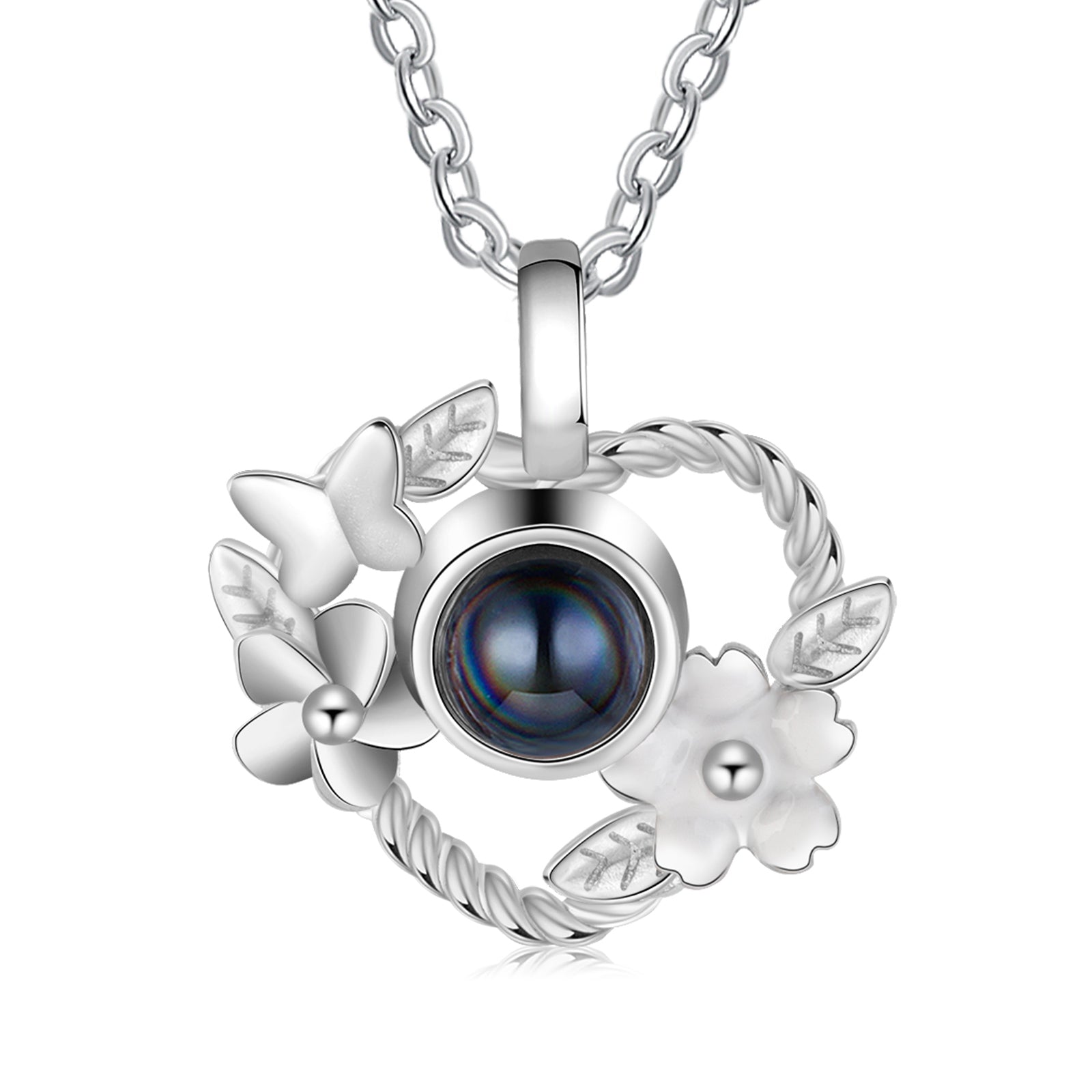 bracelet, Silver heart photo necklace with floral design and pearl-like centers.