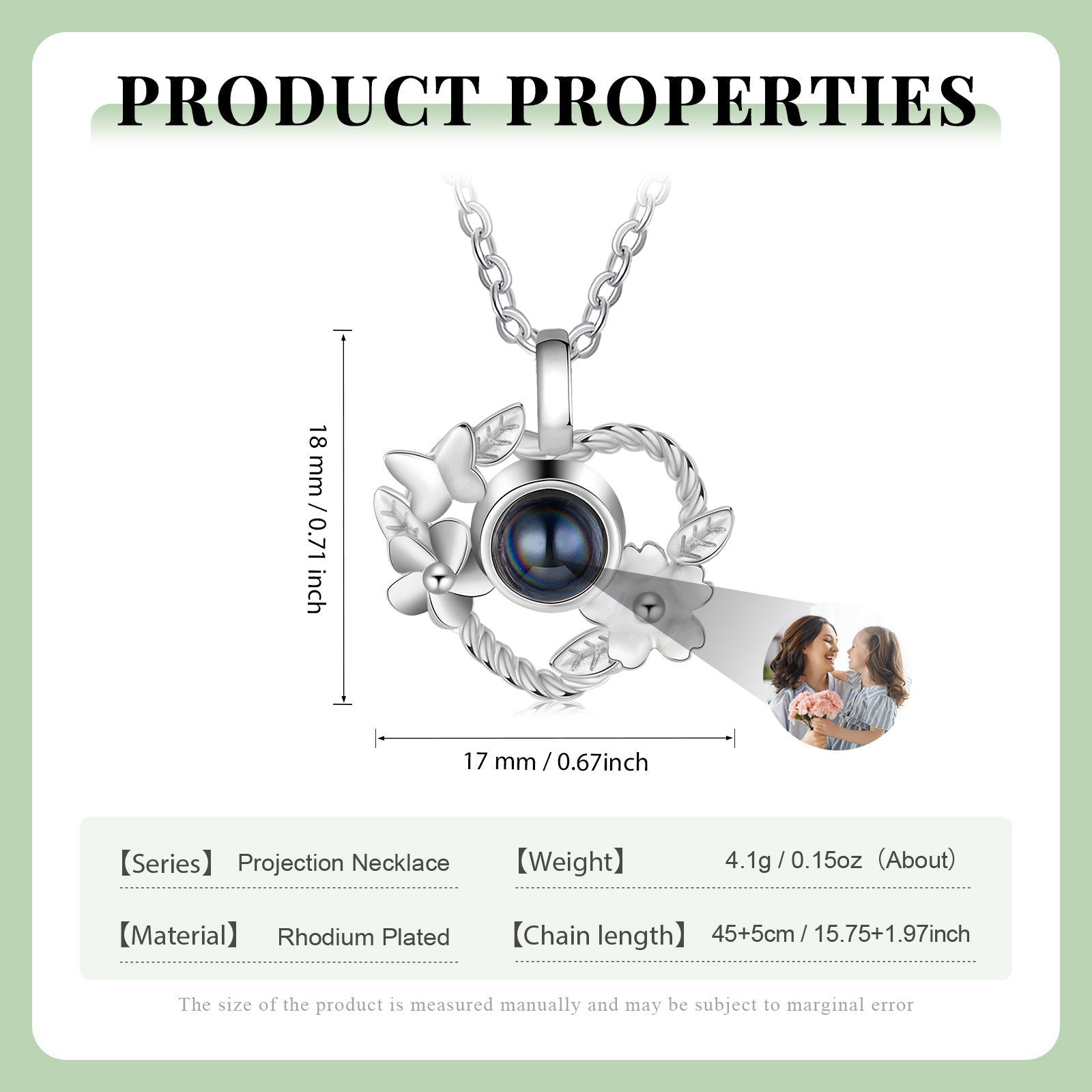 Heart Photo Necklace projection jewelry showcasing ring, rhodium-plated shine