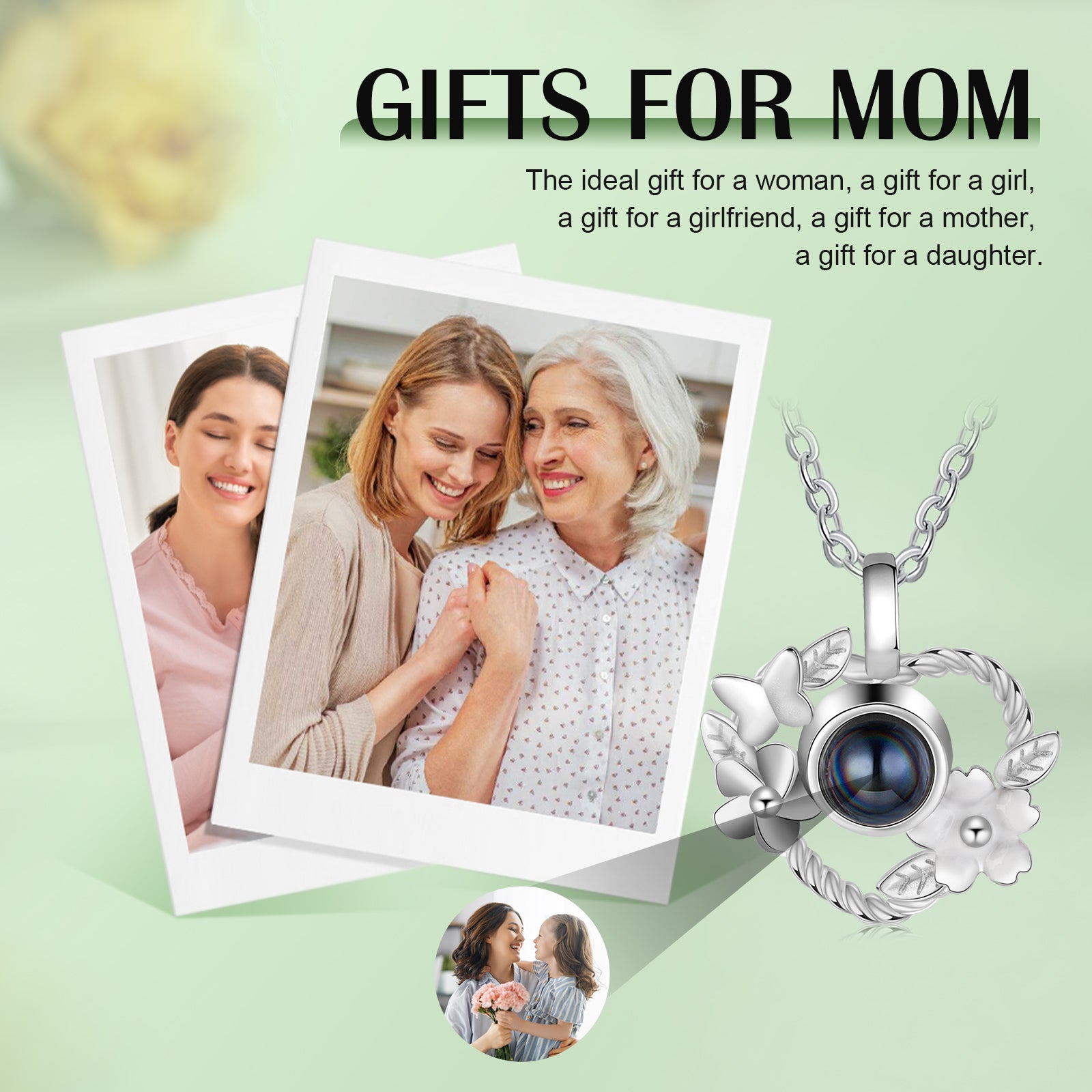 birthday stone bracelet, Silver Photo Necklace with blue gemstone and floral design, perfect birthday gift