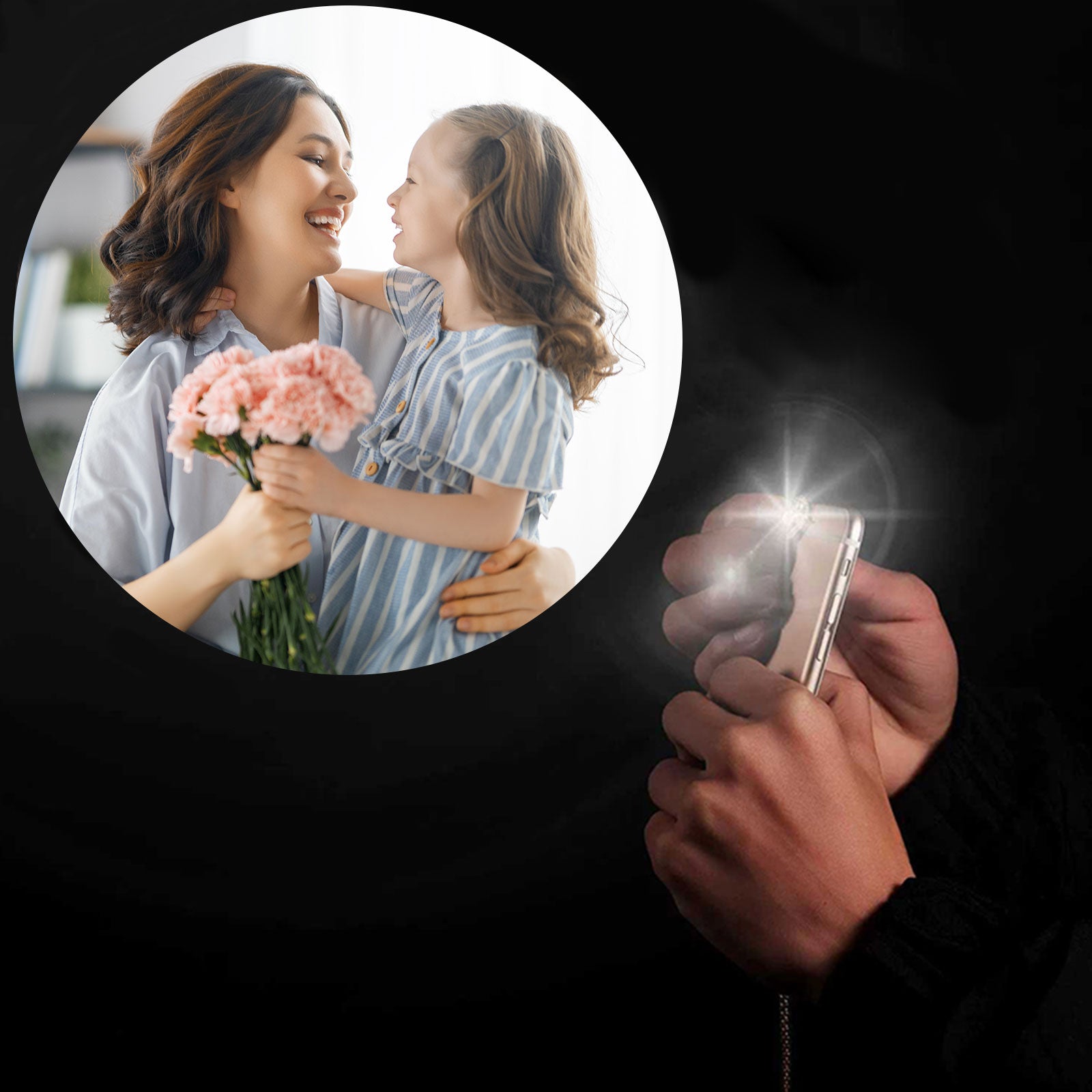 Mother-daughter joy with carnations, name bracelet, and Photo Projection Necklace