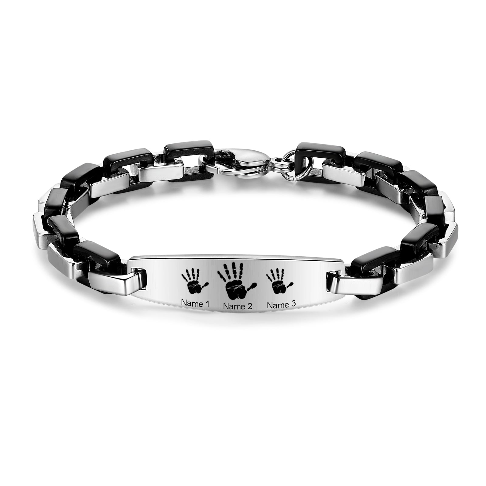 photo necklace, personalized bracelet with handprints and names on silver centerpiece against white background