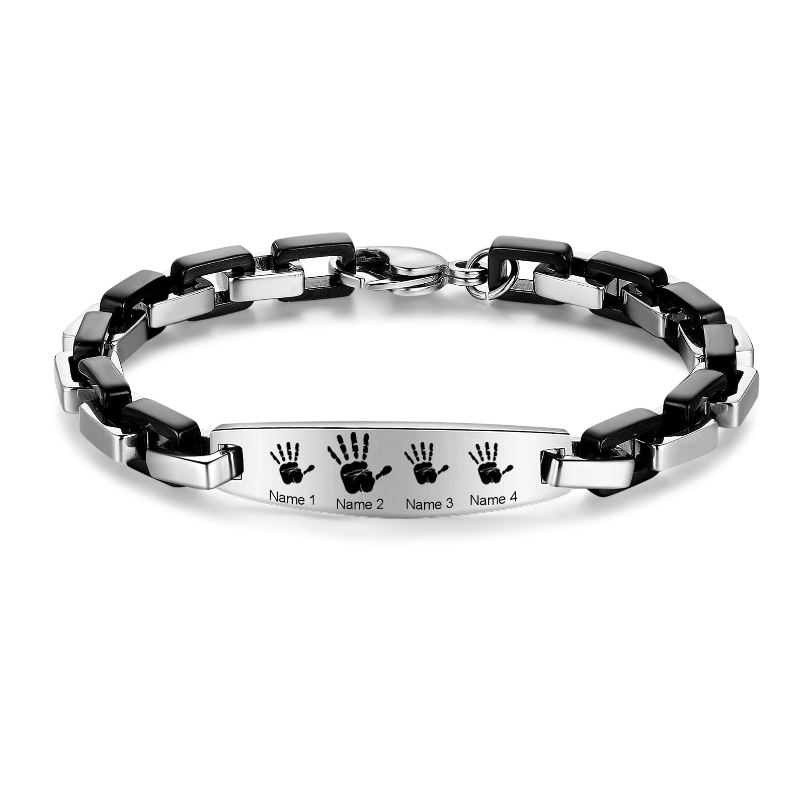 Silver bracelet with personalized jewelry, featuring handprints and photo ring elements