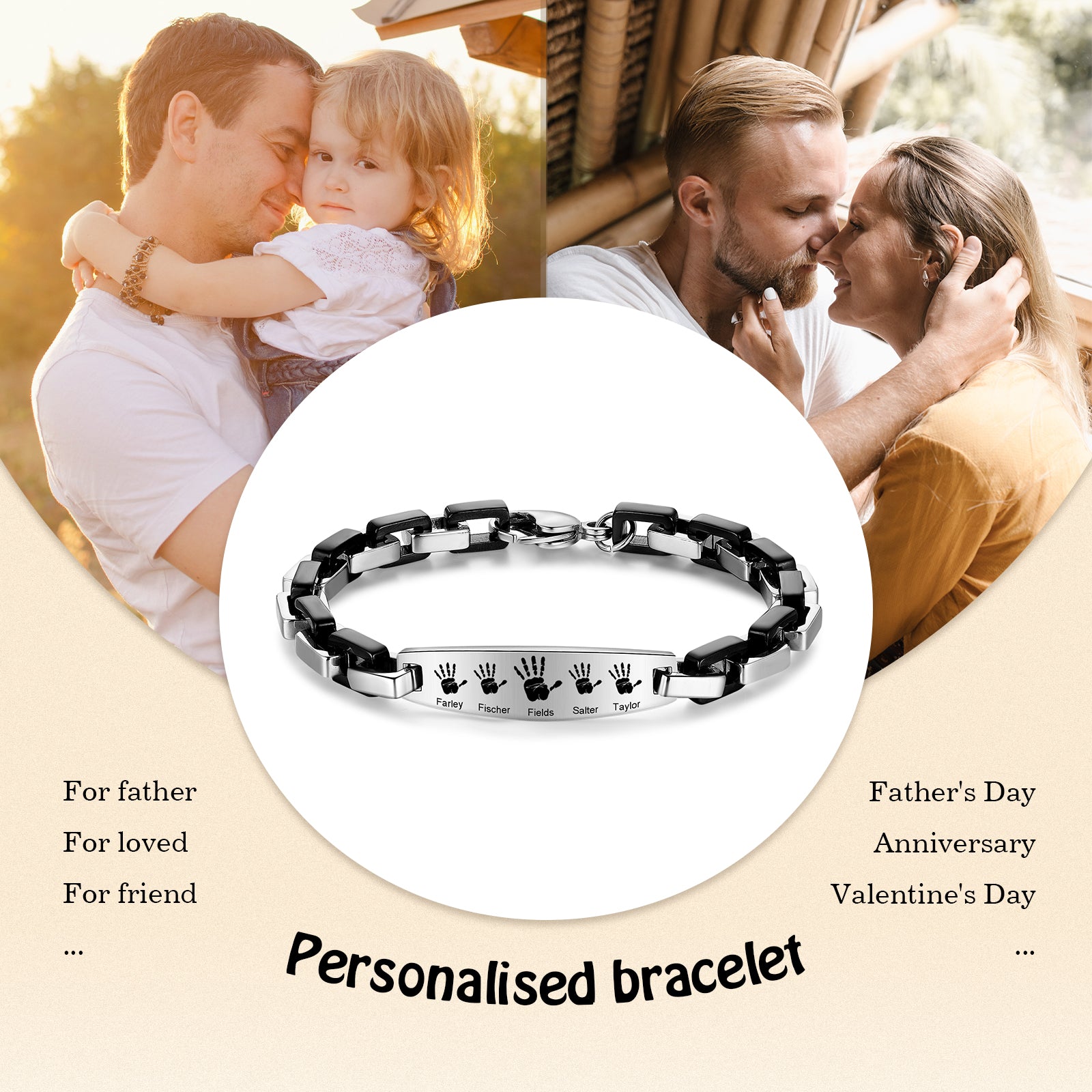 birthday necklace, personalized bracelet with charm names in black and silver for special occasions