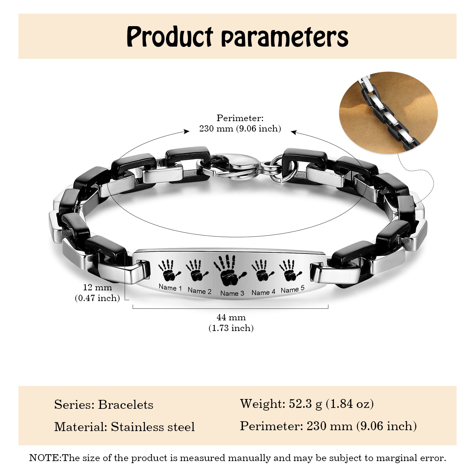 photo ring, personalized bracelet with silver links, black band, and named handprints detailing