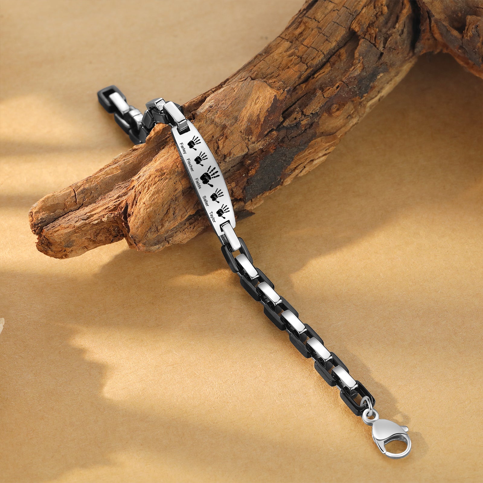 birthstone necklace, personalized jewelry bracelet with black and silver beads on driftwood surface