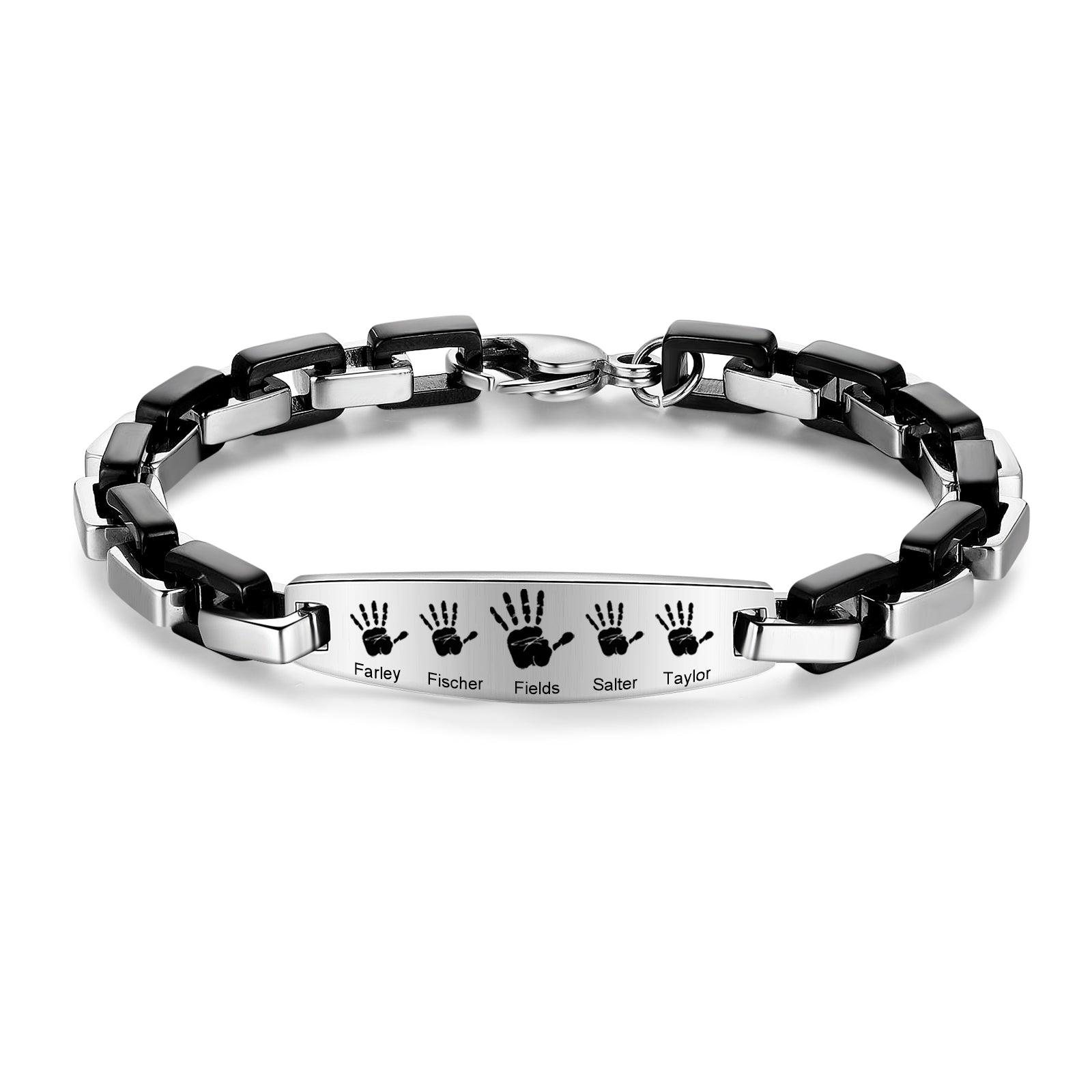 ring, silver personalized bracelet with names Farley, Fischer, Fields, Salter, Taylor