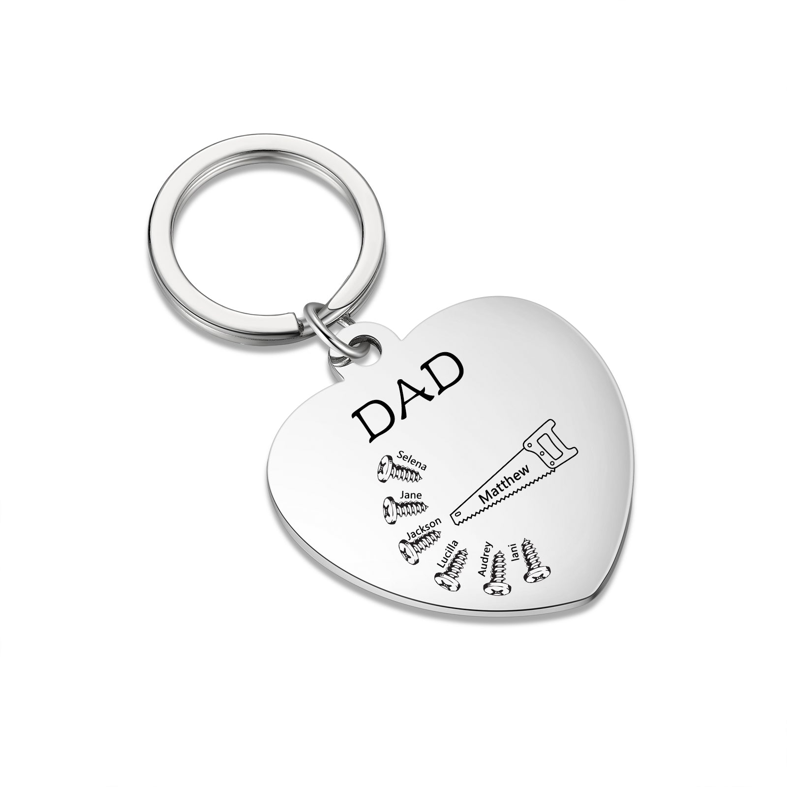 earrings gift, Silver heart keychain for Dad with names Matthew, Jackson, Lucia; sentimental gift.