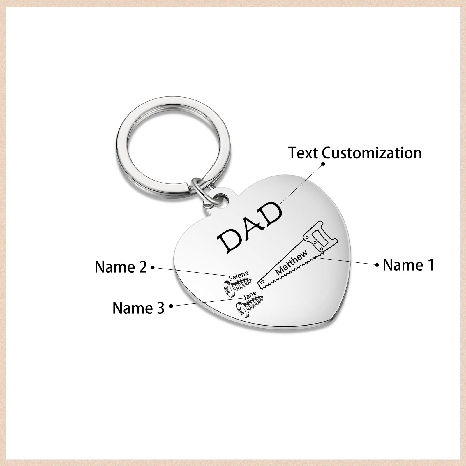 birthday keychain, Puzzle Keychain with "DAD" heart pendant, names Matthew, Jane, wrench, screwdriver