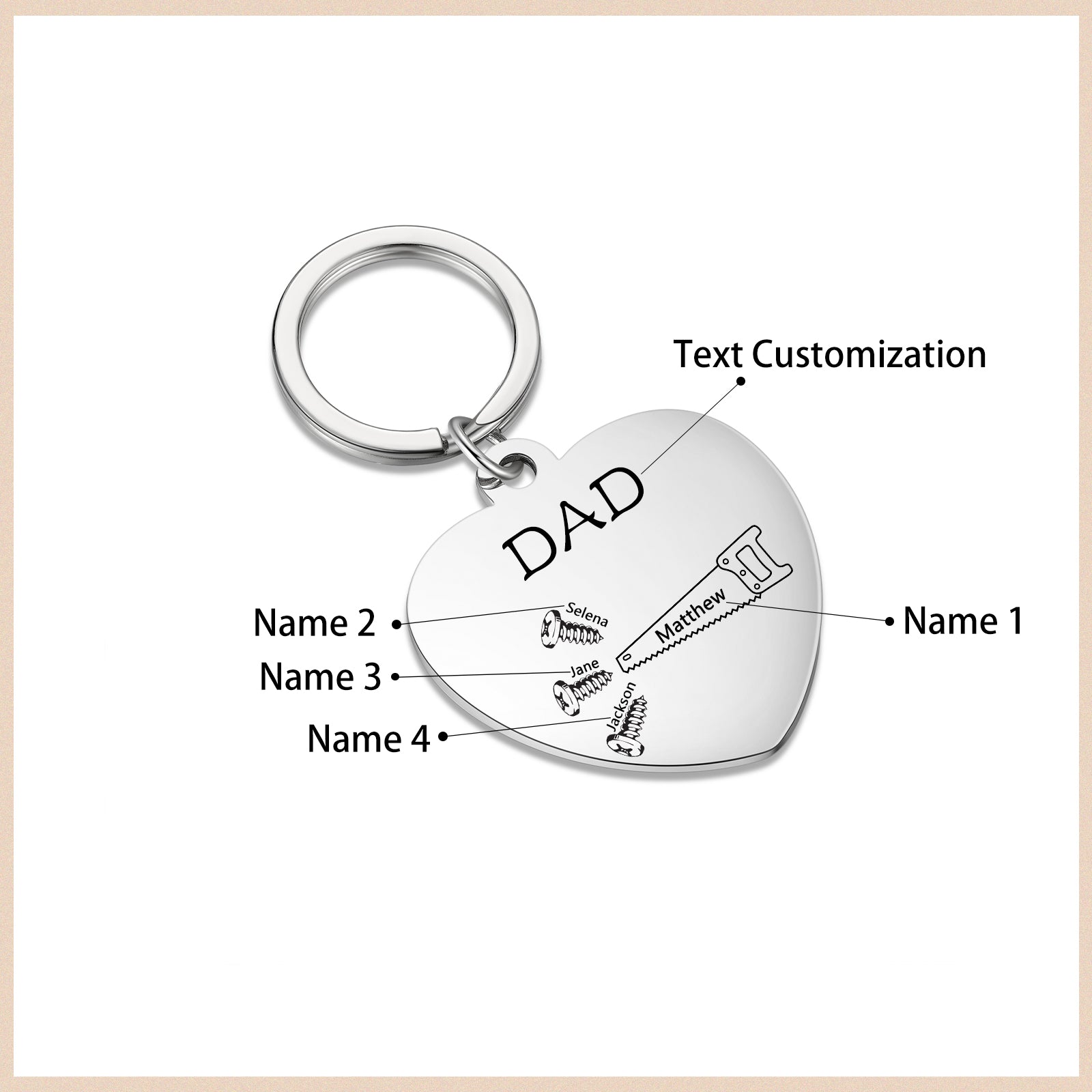 christmas necklace, Silver heart keychain with "DAD" engraving and names Matthew, Jack, Sara, Jane.