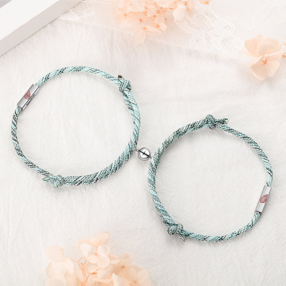 ring sound, Couple Bracelet with blue striped cord, silver and gold charms, heart shape, pink flowers