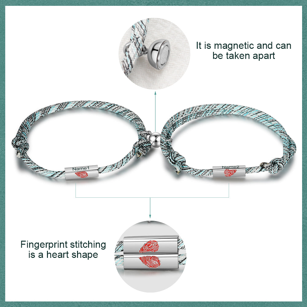 Couple Bracelet set with magnetic clasp, fingerprint heart stitching, keychain gifts