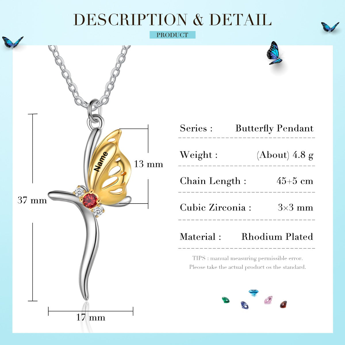 heart photo necklace, Butterfly pendant necklace with red gemstone, gold design; rhodium-plated durability