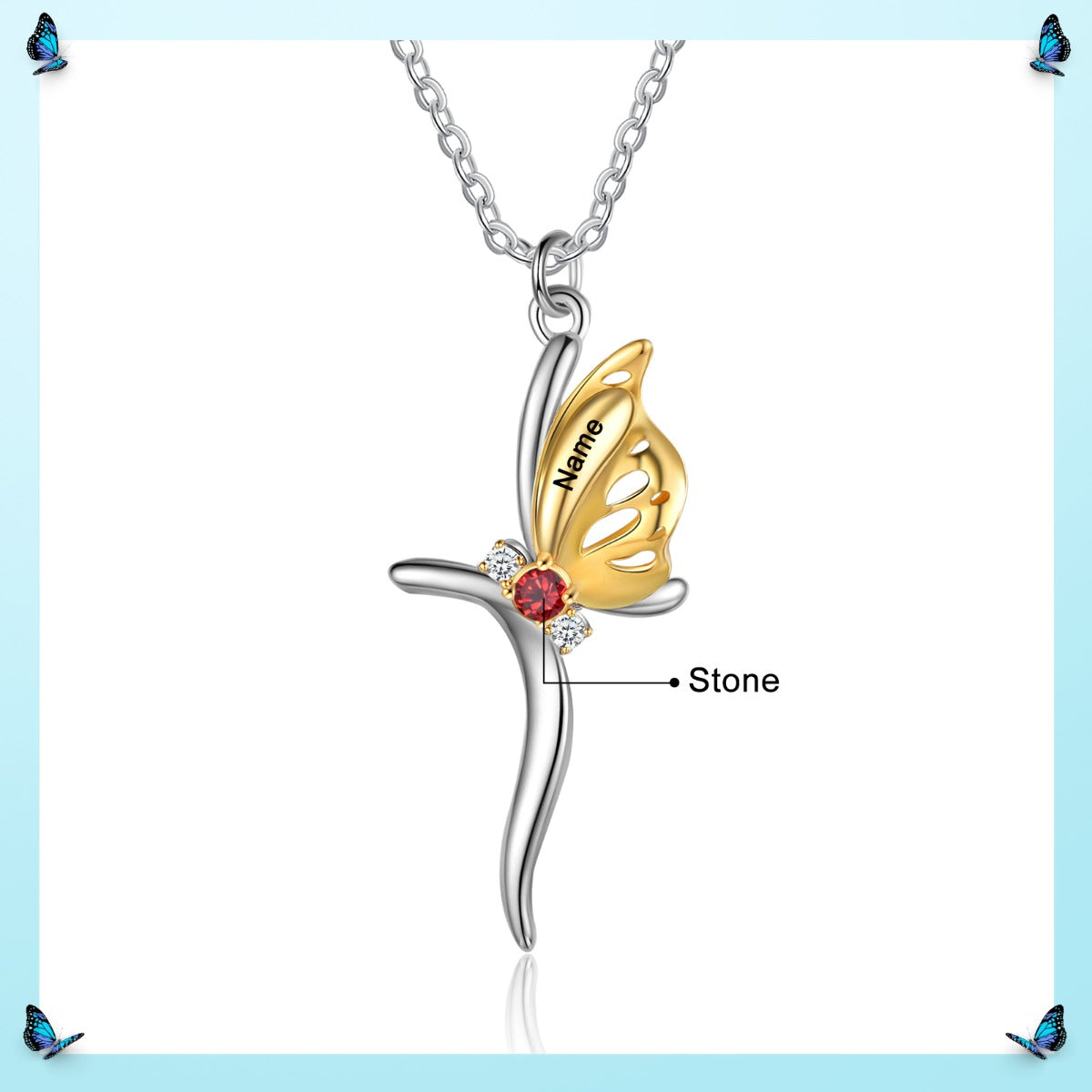 birthday necklace, Silver Cross Necklace with gold butterfly and gemstones on a light blue background