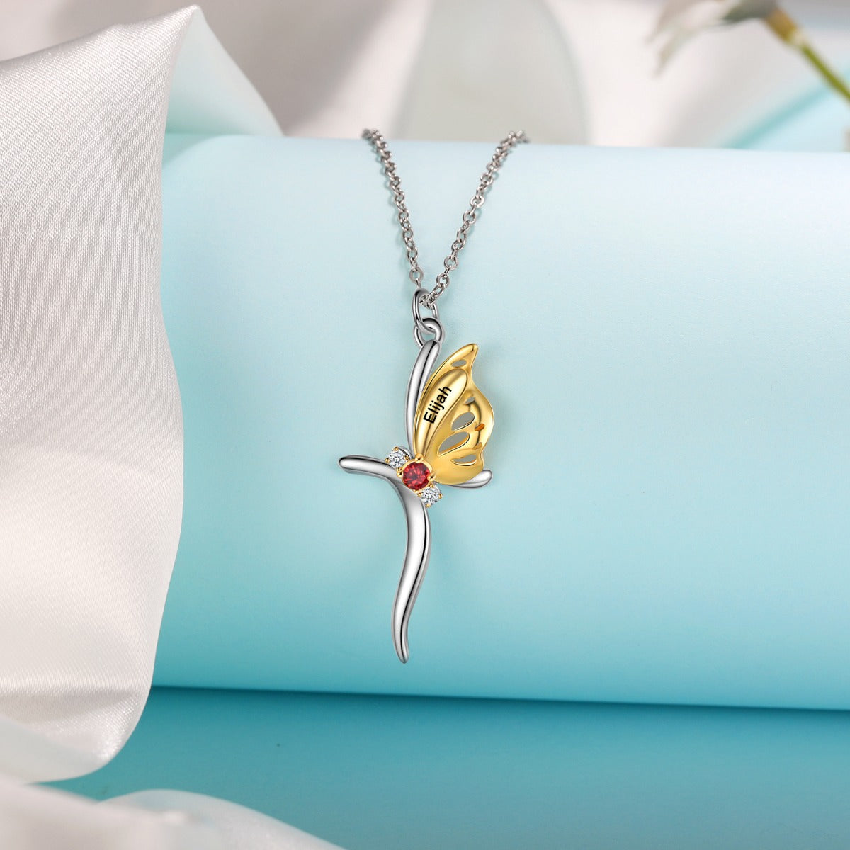 anniversary keychain, Butterfly Pendant Necklace with Eliana engraving on silver chain, elegant design