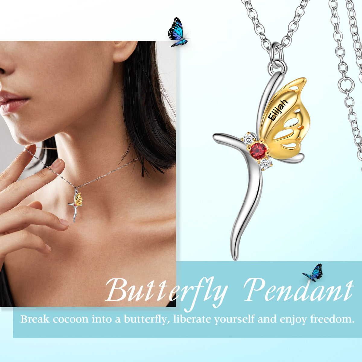 necklace with photo inside, Butterfly pendant necklace with red gemstone, personalized with "Elijah" engraving