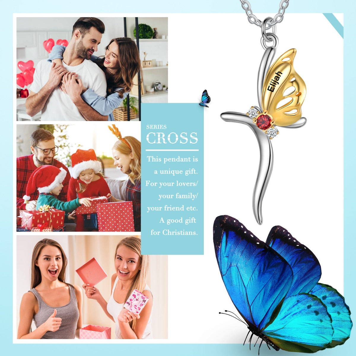 Butterfly Necklace charm on a silver cross with birthstone keychain for love and faith