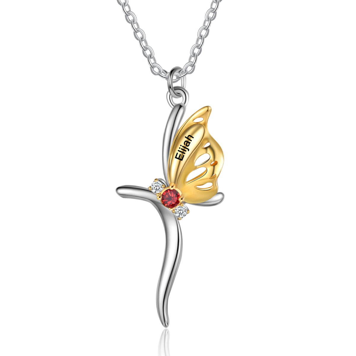 jewelry earrings, Silver and gold cross pendant with Butterfly Pendant and gemstones, engraved "Elijah"