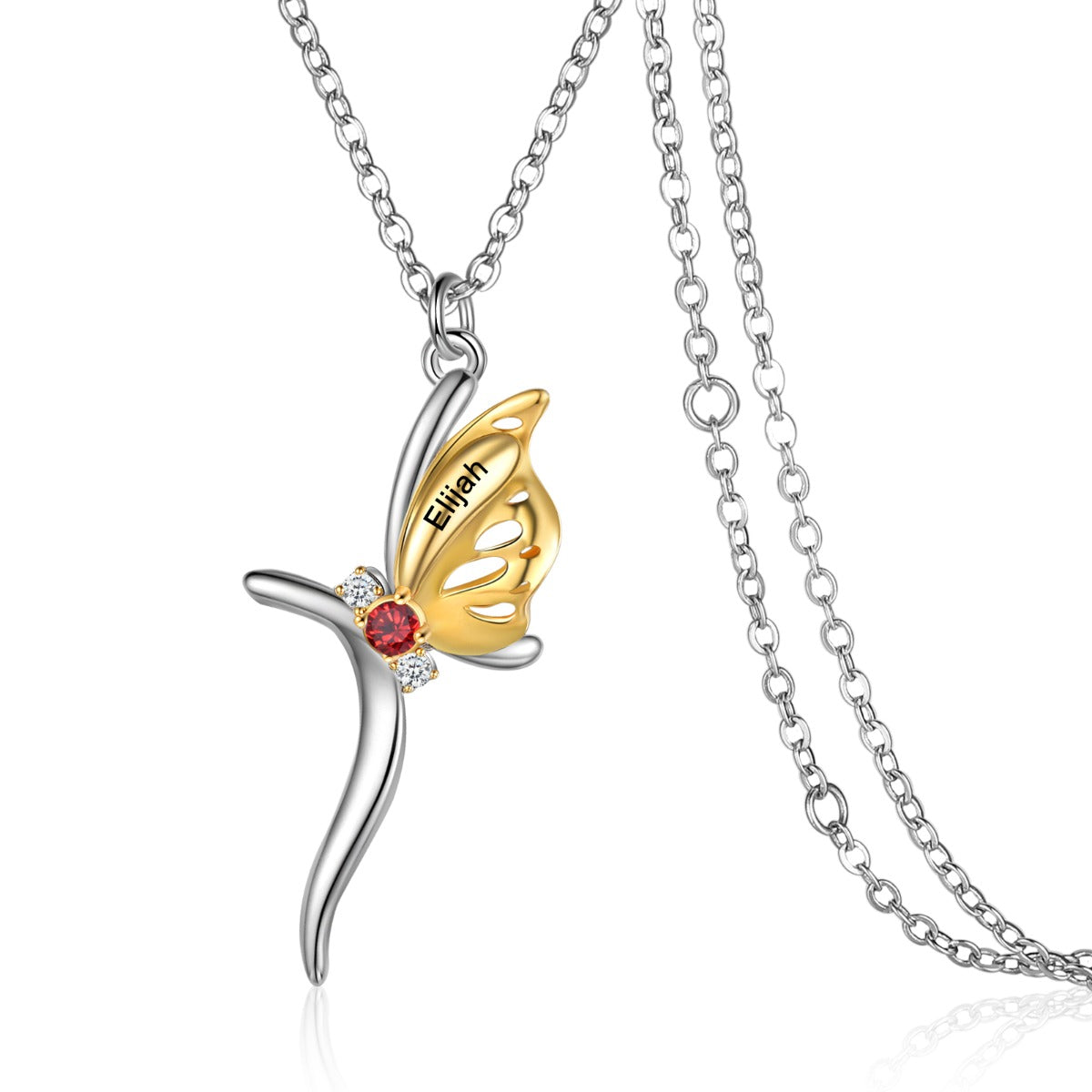 stone bead necklace, Butterfly pendant necklace with red gemstone, silver chain, engraved "Elijah".