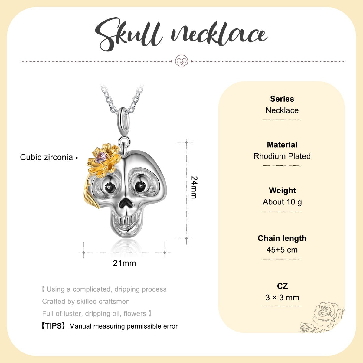 Halloween Birthstone Daisy Skull Pendant Necklace